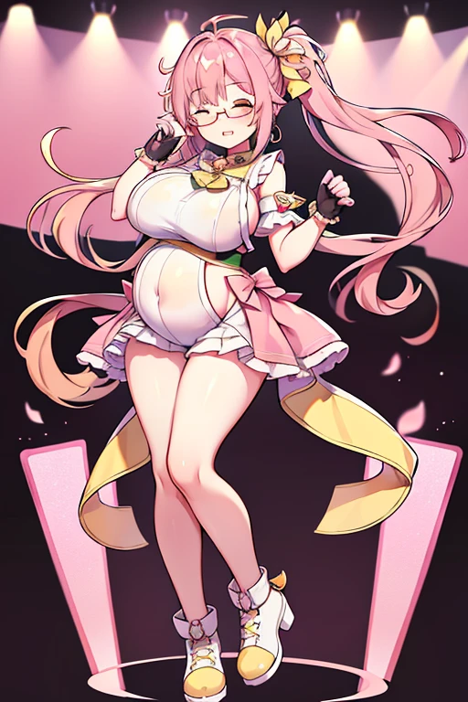 Full body girl, pregnant, huge belly, huge breasts, yellow eyes, glasses, boots, shy, earrings, hair ribbon, long hair, side ponytail, pink hair, visible belly, hands on belly, very thight clothes, idol clothes, gloves, one eye closed, sing, best quality