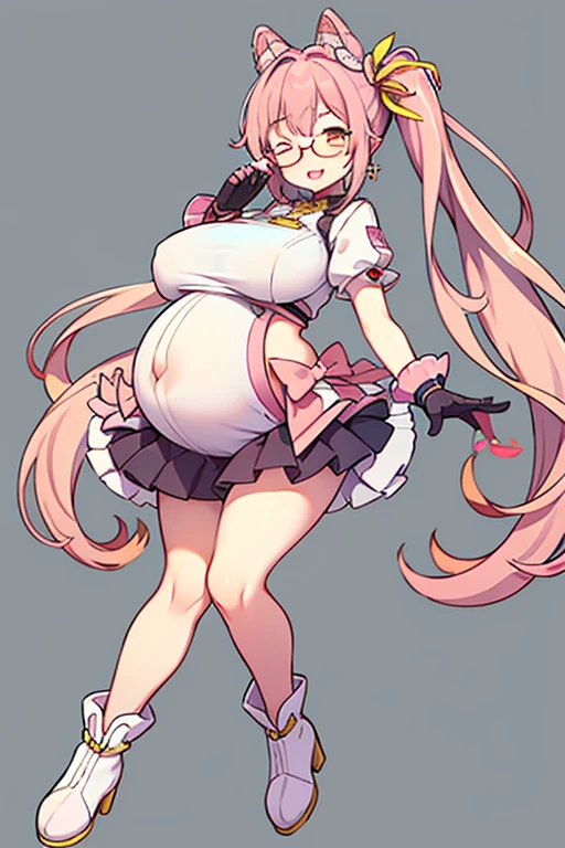 Full body girl, pregnant, huge belly, huge breasts, yellow eyes, glasses, boots, shy, earrings, hair ribbon, long hair, side ponytail, pink hair, visible belly, hands on belly, very thight clothes, idol clothes, gloves, one eye closed, sing, best quality