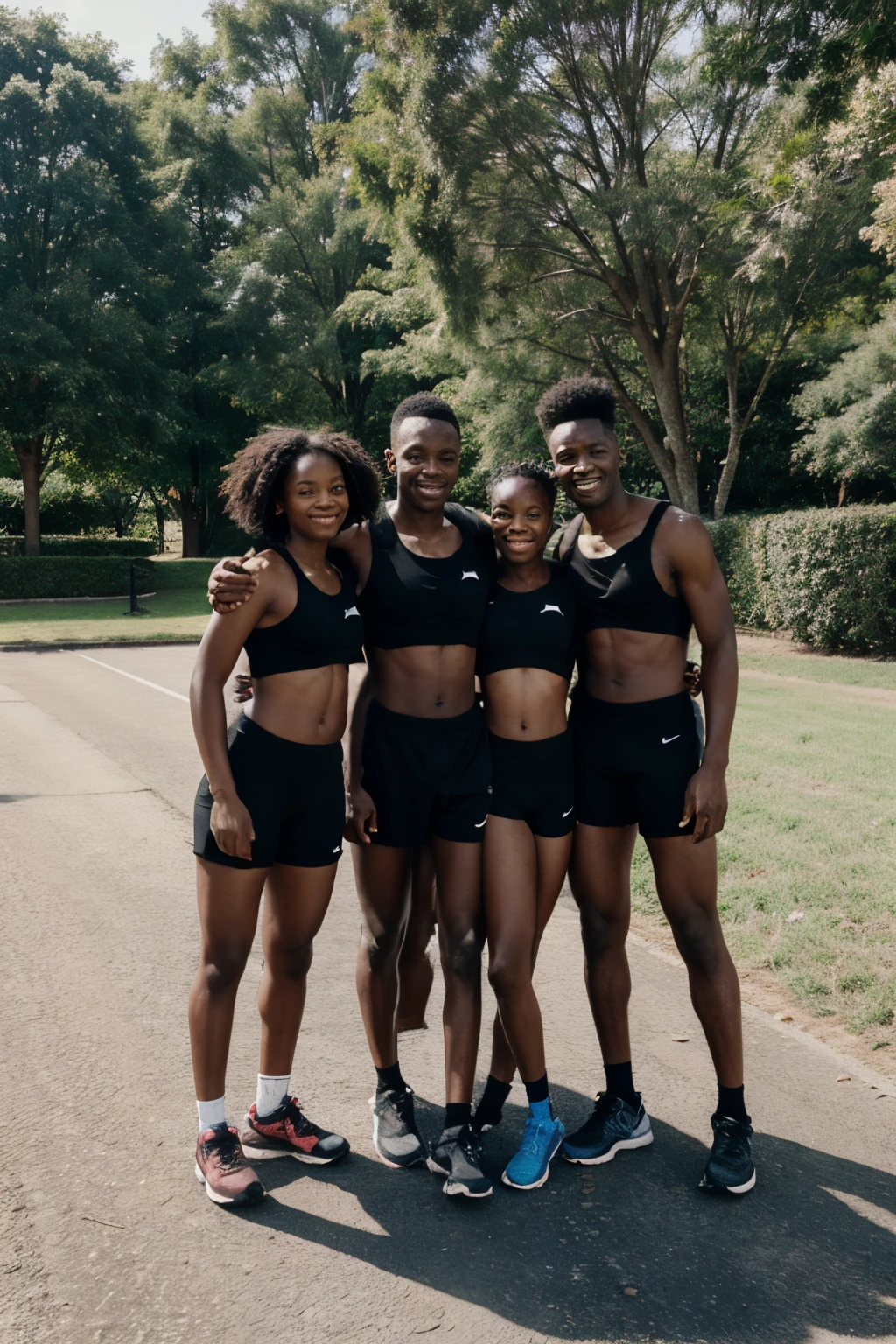 family with 4 black members, After running, they stop to take a photo together