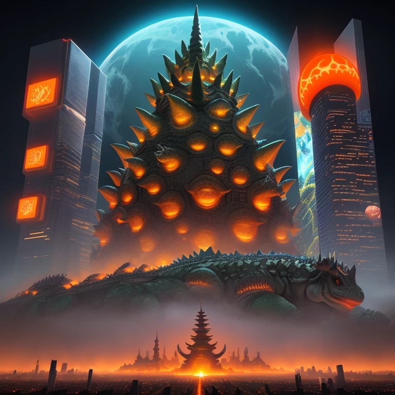 Kaiju, horned lizard, Gregole, orange, triceratops, futuristic city
