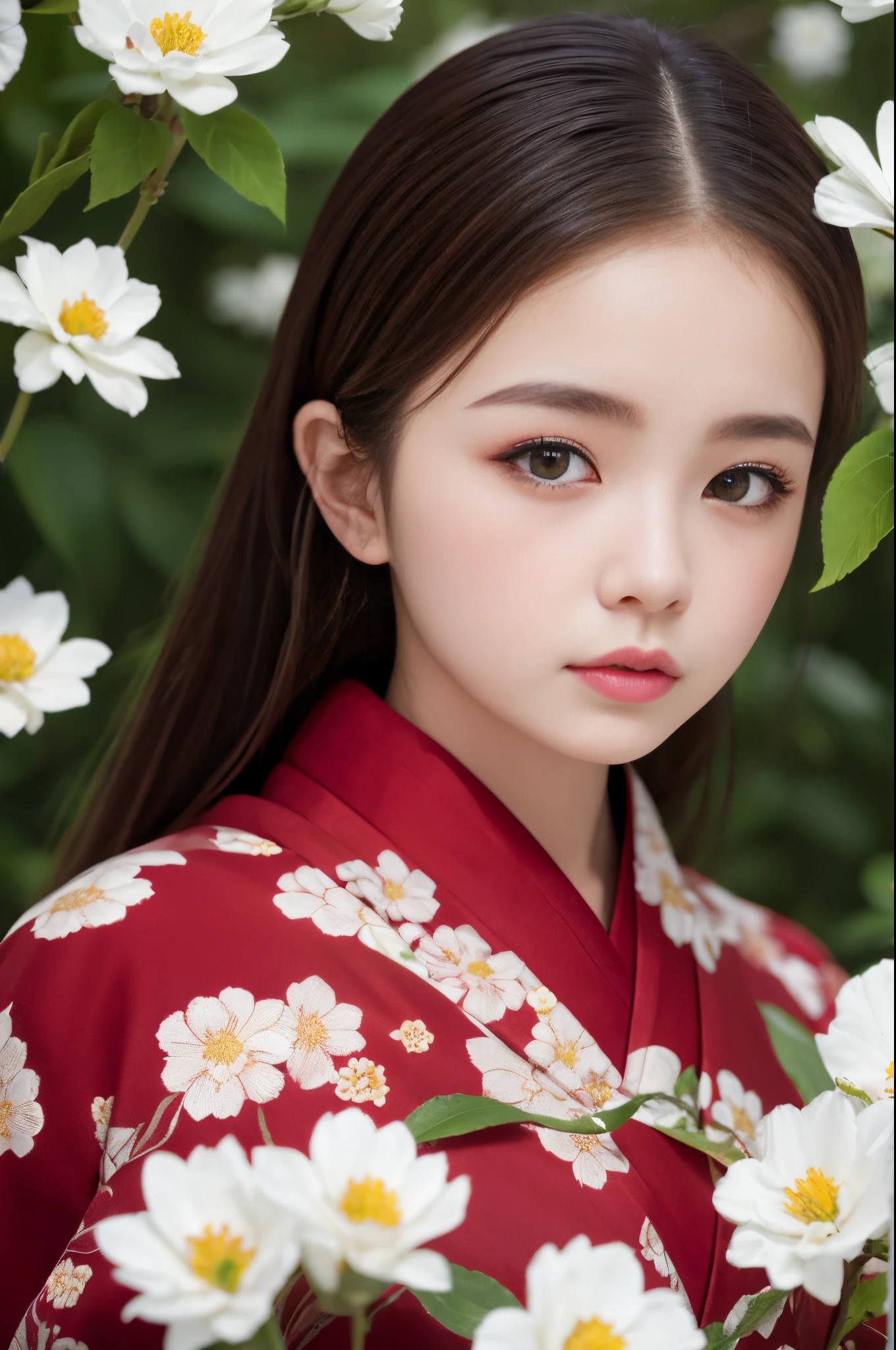 The background is a world of white flowers、Best Quality, masutepiece, High resolution, (((1girl in))), sixteen years old,Red Eyes、Dark red kimono、((Dark red floral kimono)), Tindall Effect, Realistic, Shadow Studio, Red lighting, dual-tone lighting, (High Detail Skins: 1.2) Digital SLR, Photo, High resolution, 4K, 8K, Background blur,Fade out beautifully、The background is a world of white flowers