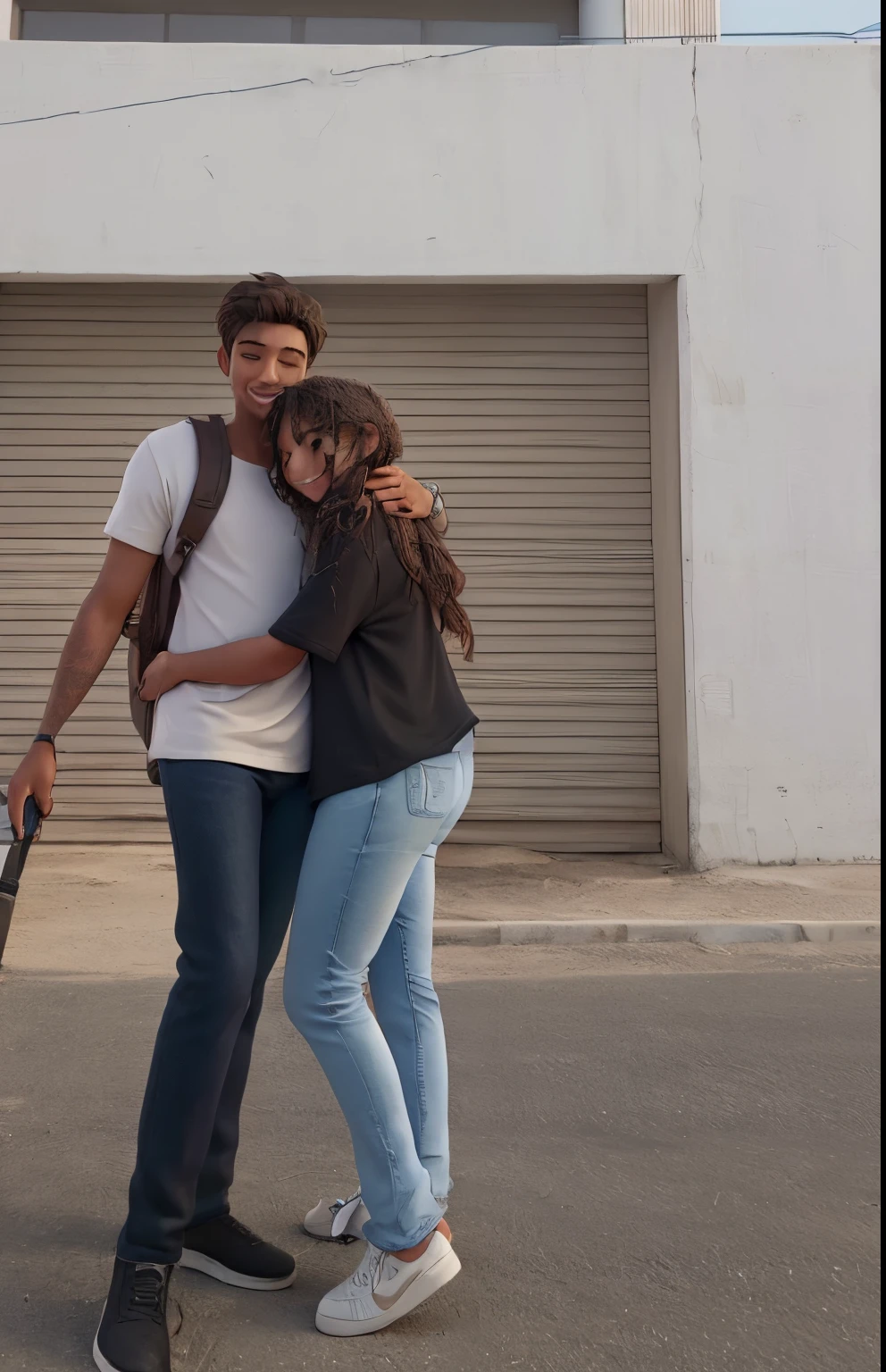 A happy couple the girl hugging the man. the man is wearing a white t-shirt and the girl is wearing a black oversized t-shirt with light blue jeans.