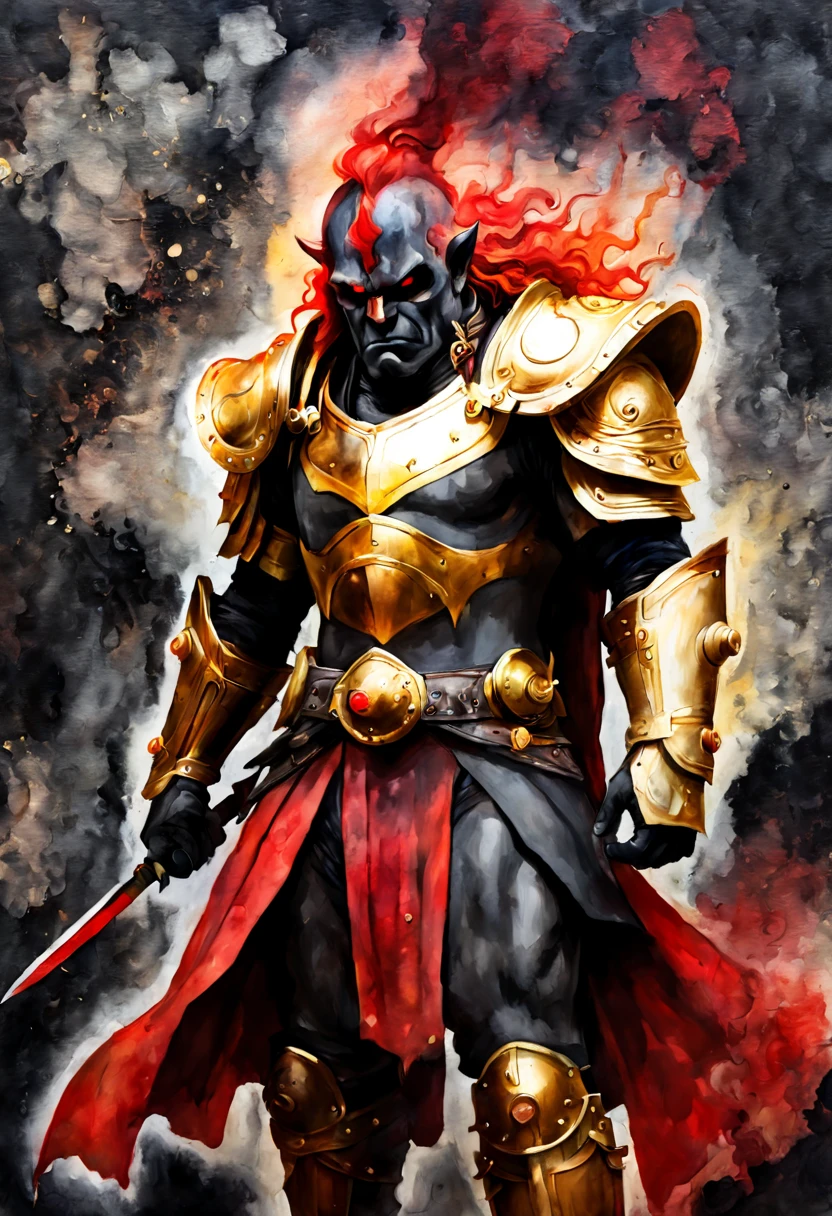 Drawing with alcohol ink,
abstract silhouette (Ganondorf, Lord Gerudo), organic shapes, airy, high contrast, fiery, charcoal, gold and red tones, watercolor, black background,
Style by Gabriele Dell'otto, AI Midjourney, bright saturated colors, watercolor, oil paints,   HDR, 500px, 4k,