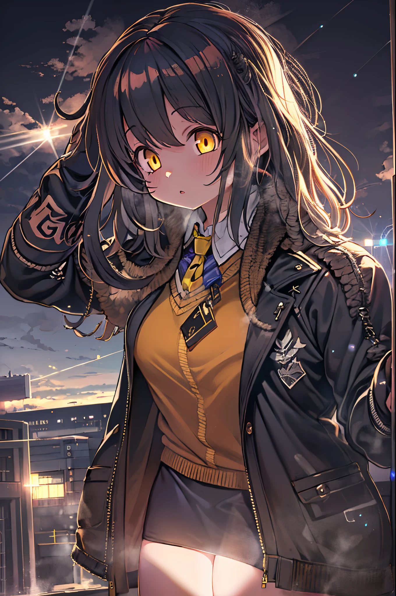 1girl in, intricate detailes, masutepiece, Best Quality, ighly detailed,Cinematic lighting, Beautiful detailed glow, Dense beautiful face and eyes, 8K, Dark intense shadows, Yellow eyes, Medium Hair, Black hair, Bangs, Floating hair, Black jacket, Open jacket, White shirt, deadpan, yellow necktie, Black skirt, Spotlight, Sunshine, Sunrise, Gradient sky, city, Lens Flare, Cowboy Shot, [[Curve]], [maturefemale]