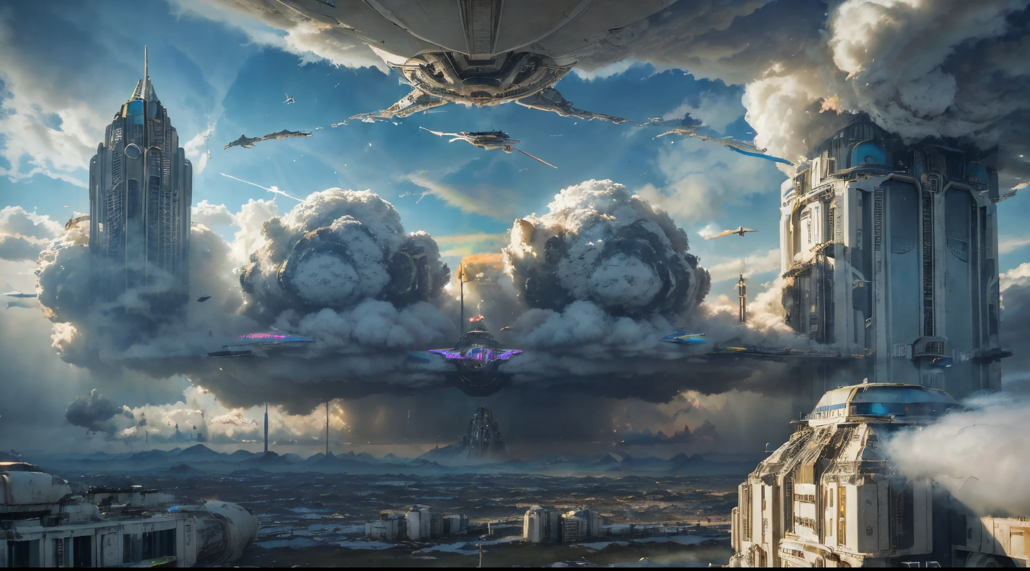 (arte sci-fi:1.5), post-apocalyptic world of science fiction, (Uma cidade voadora:1.7), A white flying castle is located in it, (Huge mechanisms expel clouds of smoke:1.3), scenic view, clouds of smoke, Nuvens de tempestade, (master part), (vivid colors:1.6)