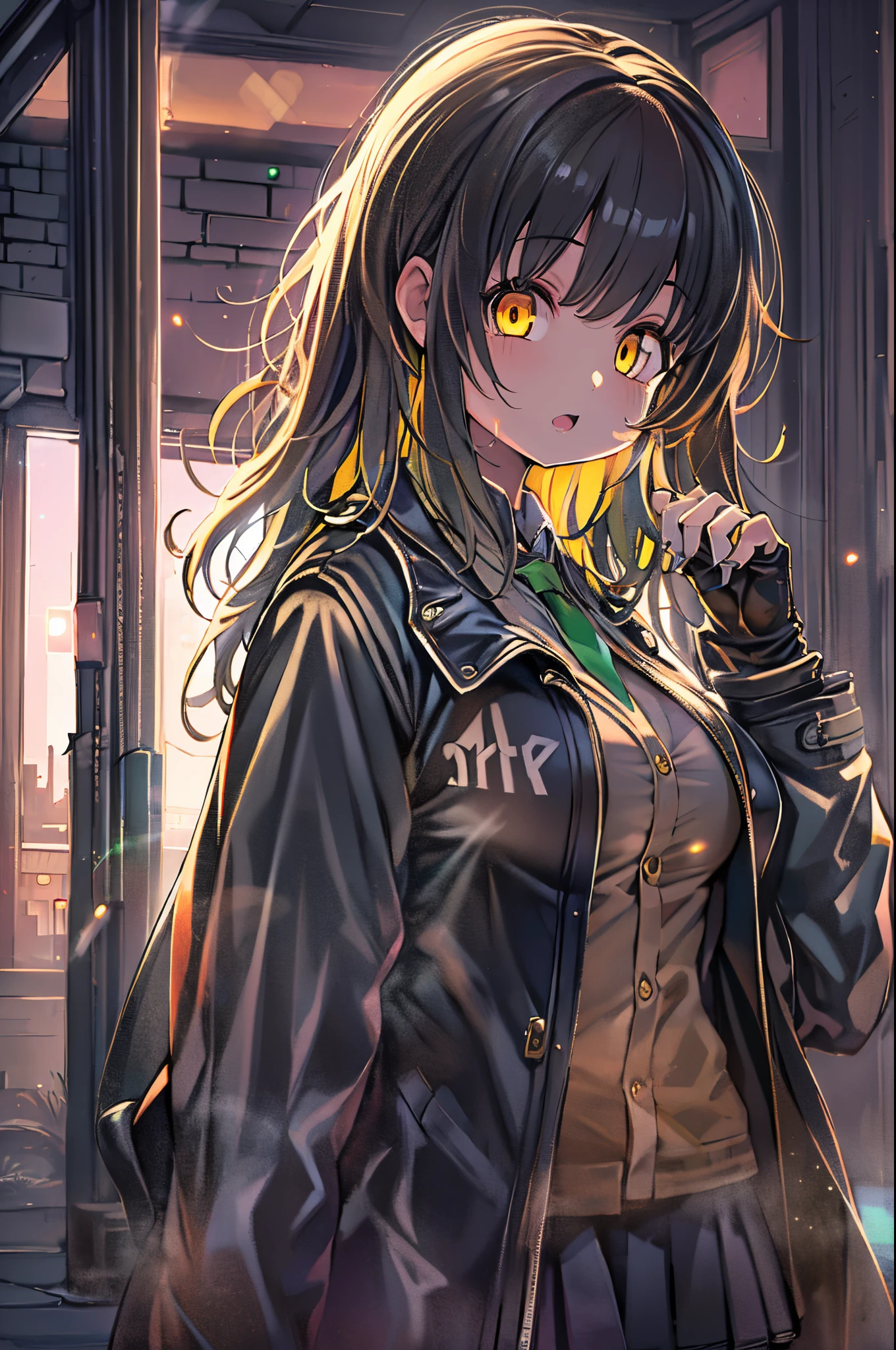 1girl in, intricate detailes, masutepiece, Best Quality, ighly detailed,Cinematic lighting, Beautiful detailed glow, Dense beautiful face and eyes, 8K, Dark intense shadows, Yellow eyes, Medium Hair, Black hair, Bangs, Floating hair, Black jacket, Open jacket, White shirt, deadpan, yellow necktie, Black skirt, Spotlight, Sunshine, Sunrise, Gradient sky, city, Lens Flare, Cowboy Shot, [[Curve]], [maturefemale]