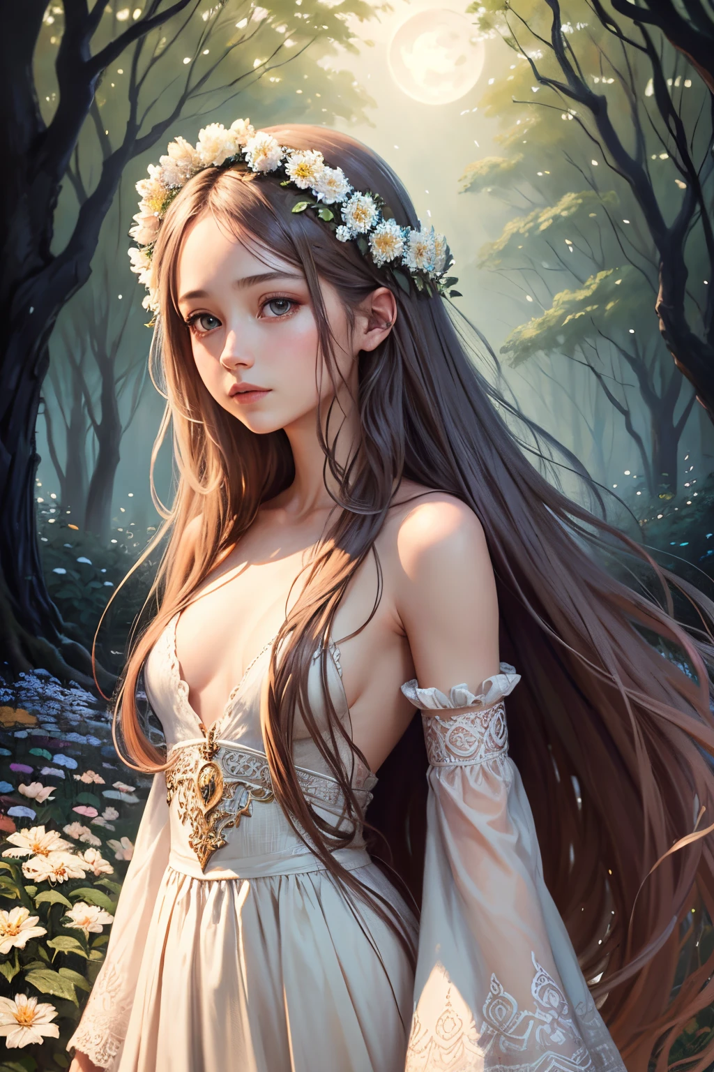 Naked, bigger boobs,
prompt: girl in a moonlit garden, beautiful detailed eyes, flowing dress, long hair, peaceful expression, surrounded by flowers and trees, (oil painting),(best quality, highres), soft moonlight, mystical and dreamy atmosphere.