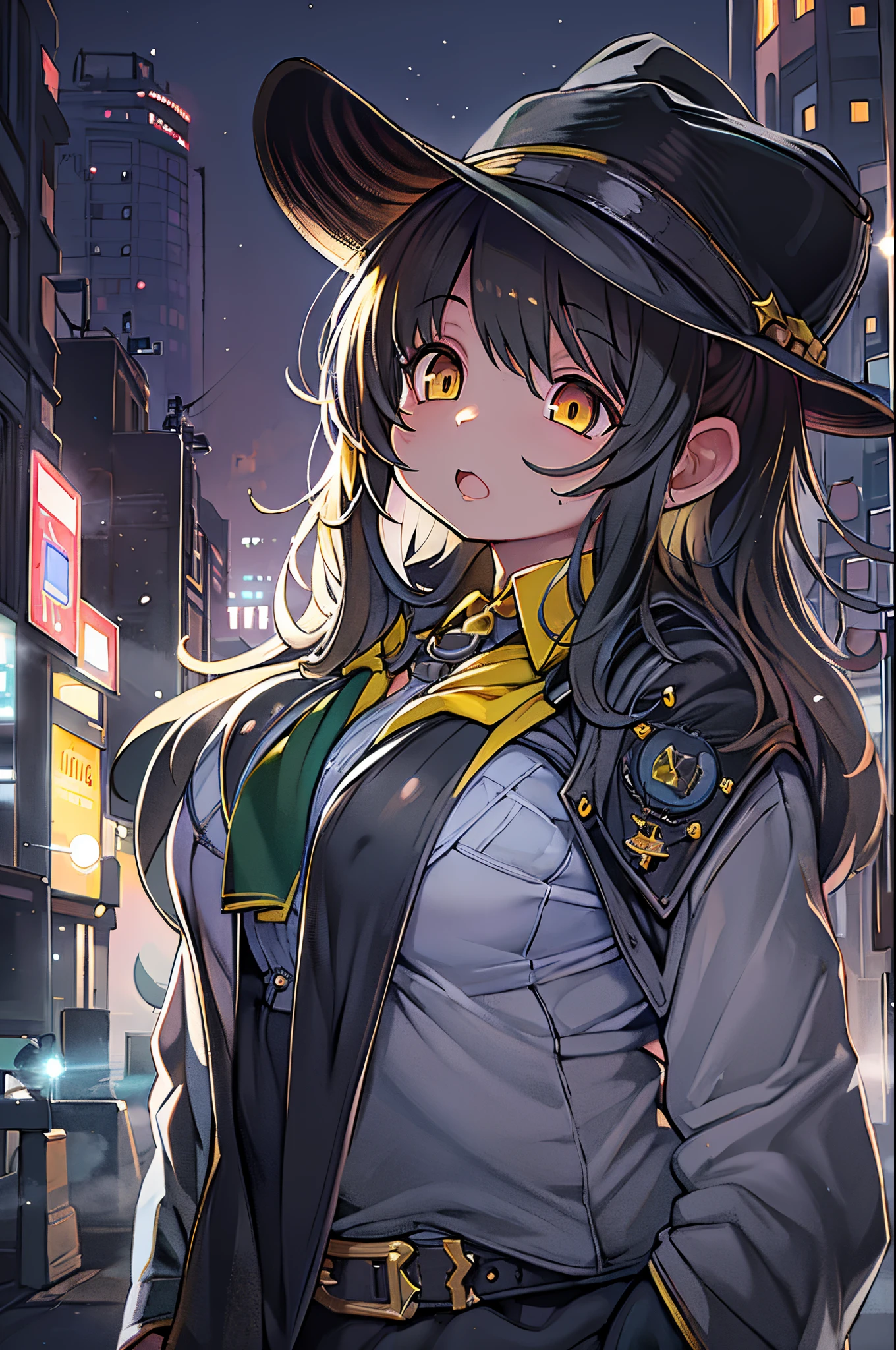 1girl in, intricate detailes, masutepiece, Best Quality, ighly detailed,Cinematic lighting, Beautiful detailed glow, Dense beautiful face and eyes, 8K, Dark intense shadows, Yellow eyes, Medium Hair, Black hair, Bangs, Floating hair, Black jacket, Open jacket, White shirt, deadpan, yellow necktie, Black skirt, Spotlight, Sunshine, Sunrise, Gradient sky, city, Lens Flare, Cowboy Shot, [[Curve]], [maturefemale]