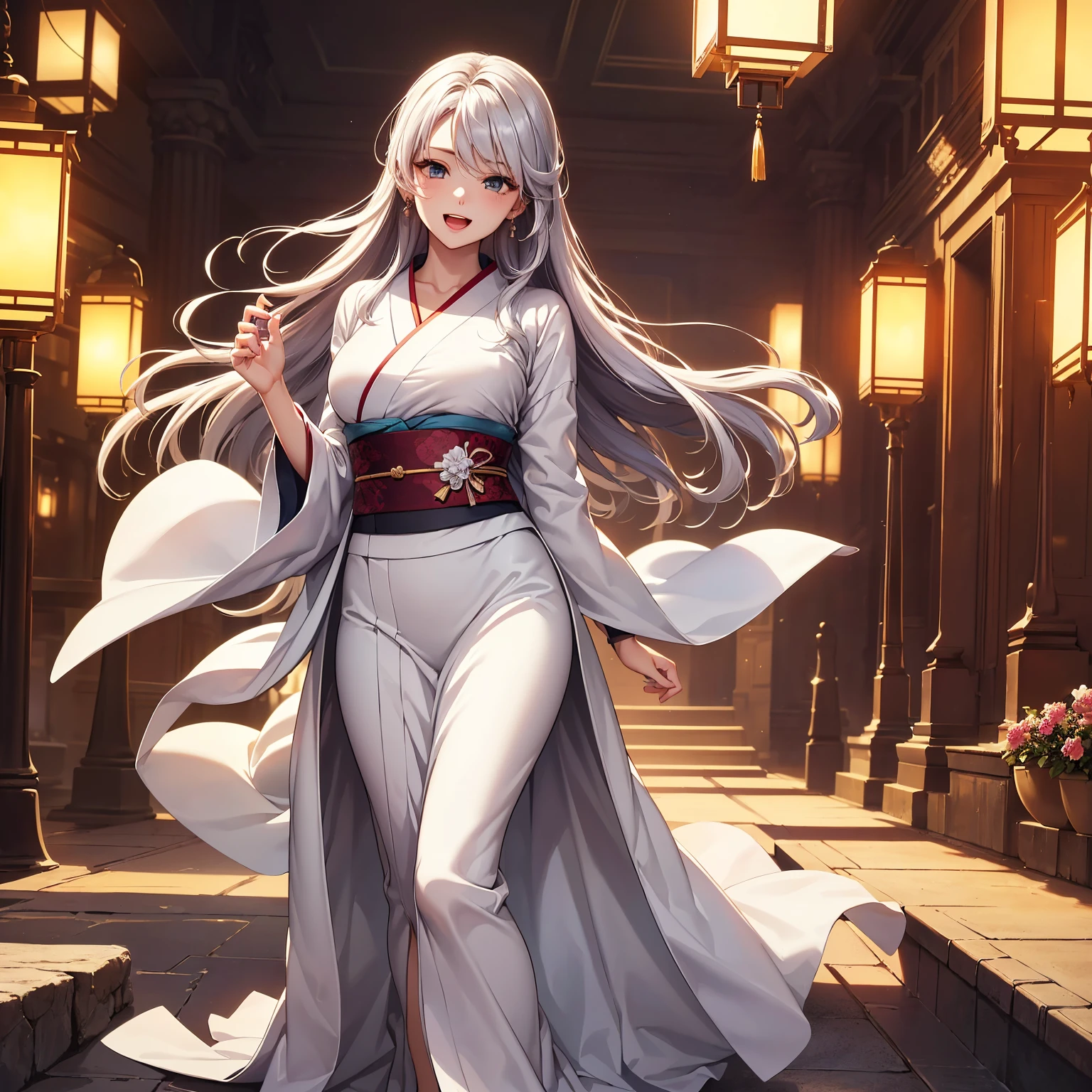 (top-quality、masterpiece、very high res、An ultra-high picture quality、High quality pixels)、(She is an extremely beautiful woman、and she is 20 years old、1 person、Single、独奏:1.5)、(She is a very beautiful woman with a beautiful face)、(Beautiful face written in detail,Beautiful body,Eyes with a strong will,Beautiful eyes,beautiful silver hair,Beautiful skin texture)、(Beautiful hair quality,Variety of hairstyles)、(Slender body and beautiful breasts)、(Lovely smile,Open mouth)、(Beautifully colored long-sleeved kimono,Furisode figure,Furisode wearing,adult-like),(model poses,modelshoot,Magazine shooting,Hair flutters under the influence of the wind),The wind is blowing、Beautiful Art Style,an animated character、(The whole picture、Detailed picture、accurate anatomy、Defect-free images、extremely detailed picture、Accurate images、image perfect)、(Best Shot Photo 1.2)