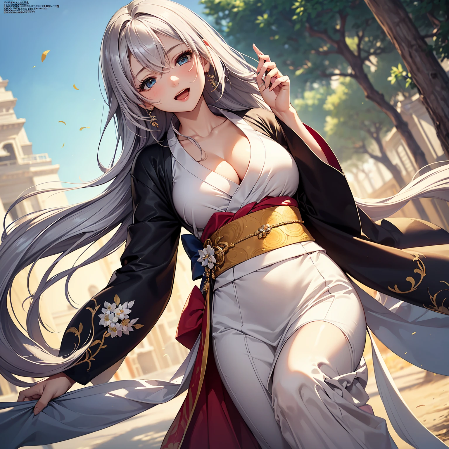 (top-quality、masterpiece、very high res、An ultra-high picture quality、High quality pixels)、(She is an extremely beautiful woman、and she is 20 years old、1 person、Single、独奏:1.5)、(She is a very beautiful woman with a beautiful face)、(Beautiful face written in detail,Beautiful body,Eyes with a strong will,Beautiful eyes,beautiful silver hair,Beautiful skin texture)、(Beautiful hair quality,Variety of hairstyles)、(Slender body and beautiful breasts)、(Lovely smile,Open mouth)、(Beautifully colored long-sleeved kimono,Furisode figure,Furisode wearing,adult-like),(model poses,modelshoot,Magazine shooting,Hair flutters under the influence of the wind),The wind is blowing、Beautiful Art Style,an animated character、(The whole picture、Detailed picture、accurate anatomy、Defect-free images、extremely detailed picture、Accurate images、image perfect)、(Best Shot Photo 1.2)