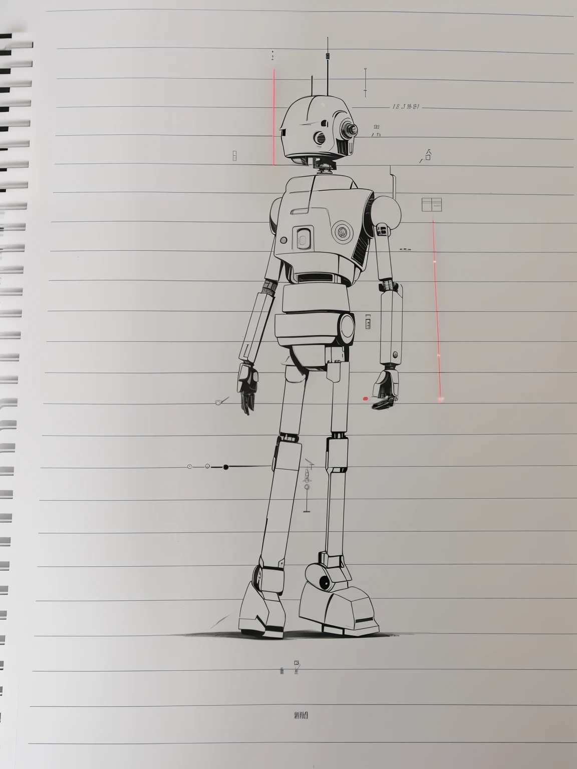 Drawing of a robot with one eye on its head, ((droid)), anthropomorphic robot [ thing ], Detailed humanoid creature, half - finished robot, humanoid form, Anthropomorphic humanoid creature, Robot design, Half-humanoid, humanoid character, Concept robot, body of a robot, portrait of an android，There is a flight engine under your feet，Laser cannon in hand