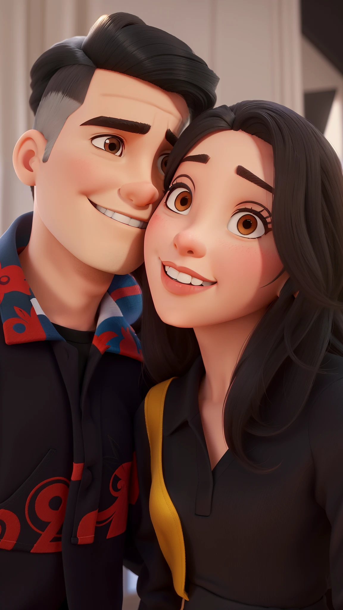 Casal jovem moderno sendo um boy branco com cabelo sidecut com com detalhes navalhados penteado para o lado e raspado na lateral, corrente prata e uma garota com longos cabelos pretos sorriso bonito, wide and detailed with reddish lips and thin chin, cabelos ondulados, garota de pele parda, pose tirando uma selfie, imagem de perfil, foto da roupa, foto do perfil, pose de casal, Black clothes with red goat details and Black dress, posing together taken in the early 2020s, namorada bonita tudo no estilo Disney Pixar. Piercings transversais na orelha.