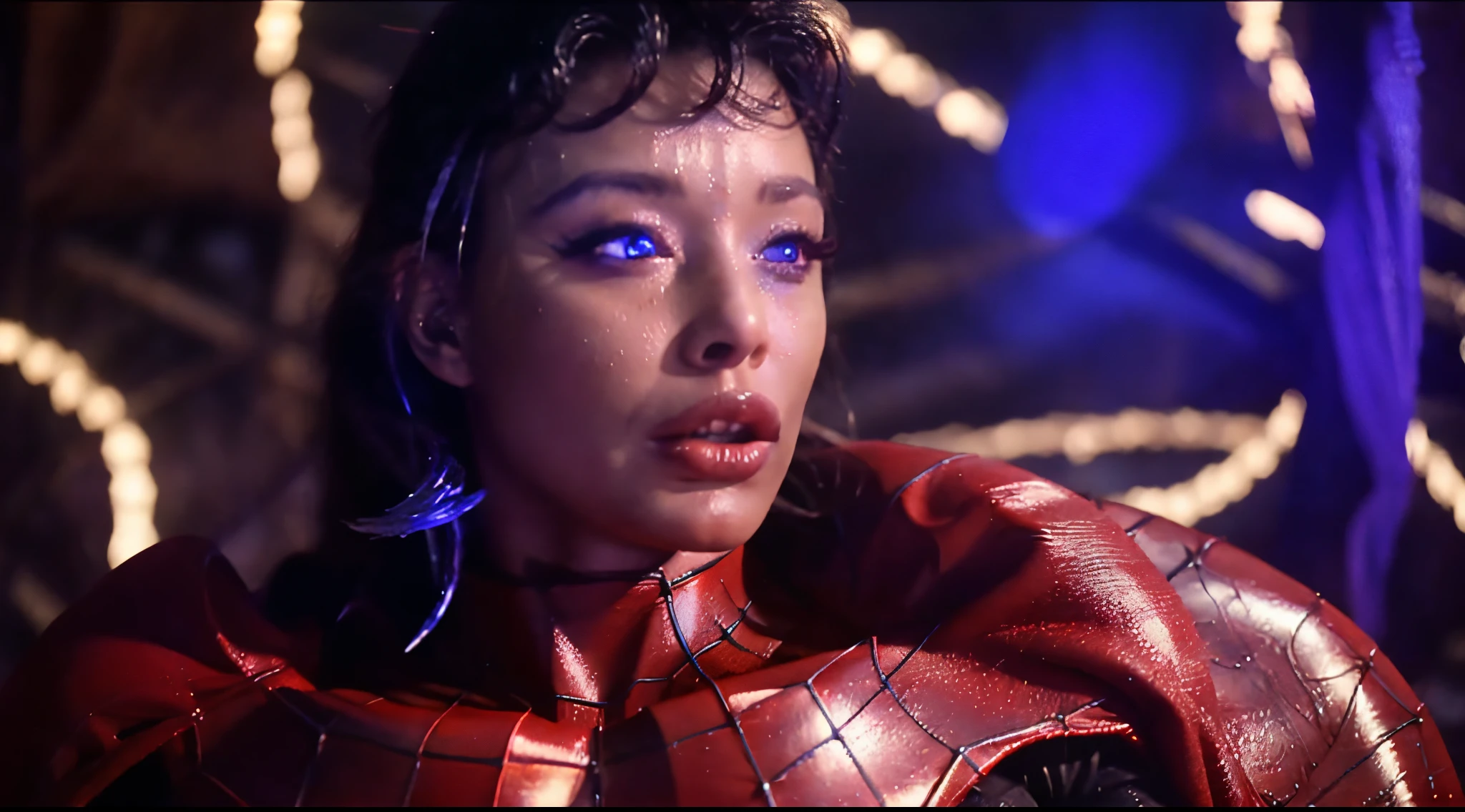 Homem-Aranha(foto 8k Full HD) cinematic lighting with silver threads around the neck.