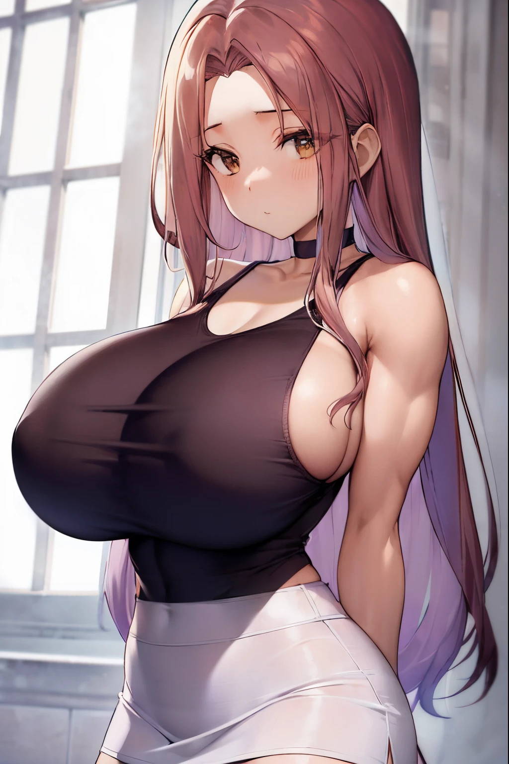 Close up portrait of woman with long purple hair, Brown-eyed woman, Classic Women, huge tit, had very large breasts, made with anime painter studio, oppai, garments:Black tank top, Female romance, Anime style, Muscular woman, feminine and muscular, tall, appeal, solo, Anime!!!!, woman wearing white miniskirt, rei hino as a princess, Bare shoulders, Bare arms,