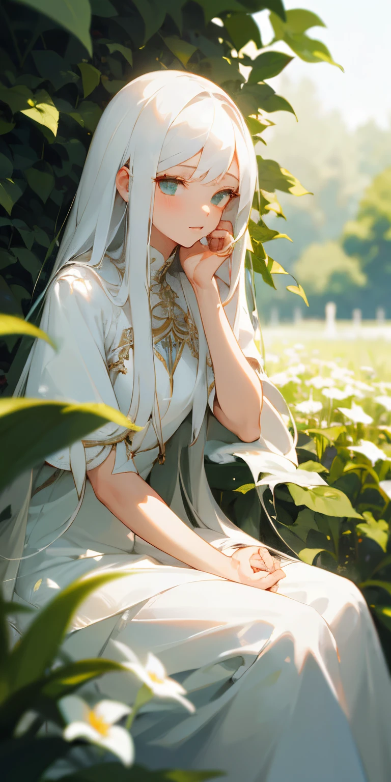 (masterpiece, best quality),1girl with long white hair sitting in a field of green plants and flowers, her hand under her chin, warm lighting, white dress, blurry foreground