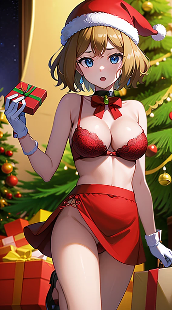 masterpiece, best quality, 1 solo girl, brown hair, blue eyes, short hair, wavy hair, Christmas ornaments, medium breasts, mature body and face, red christmas dress, christmas, christmas light, christmas tree, red gloves, red santa skirt, holding gift, red bra, red panty, leg up, cowboy shots,  pose, dakimakura, detailed body, face, and eyes, sharp focus, vibrant, creative, dynamic, high definition, high resolution, 8k, (Upscale: R-ESRGAN 4x+ Anime6B), (Image enchance:4x), voluptuous body