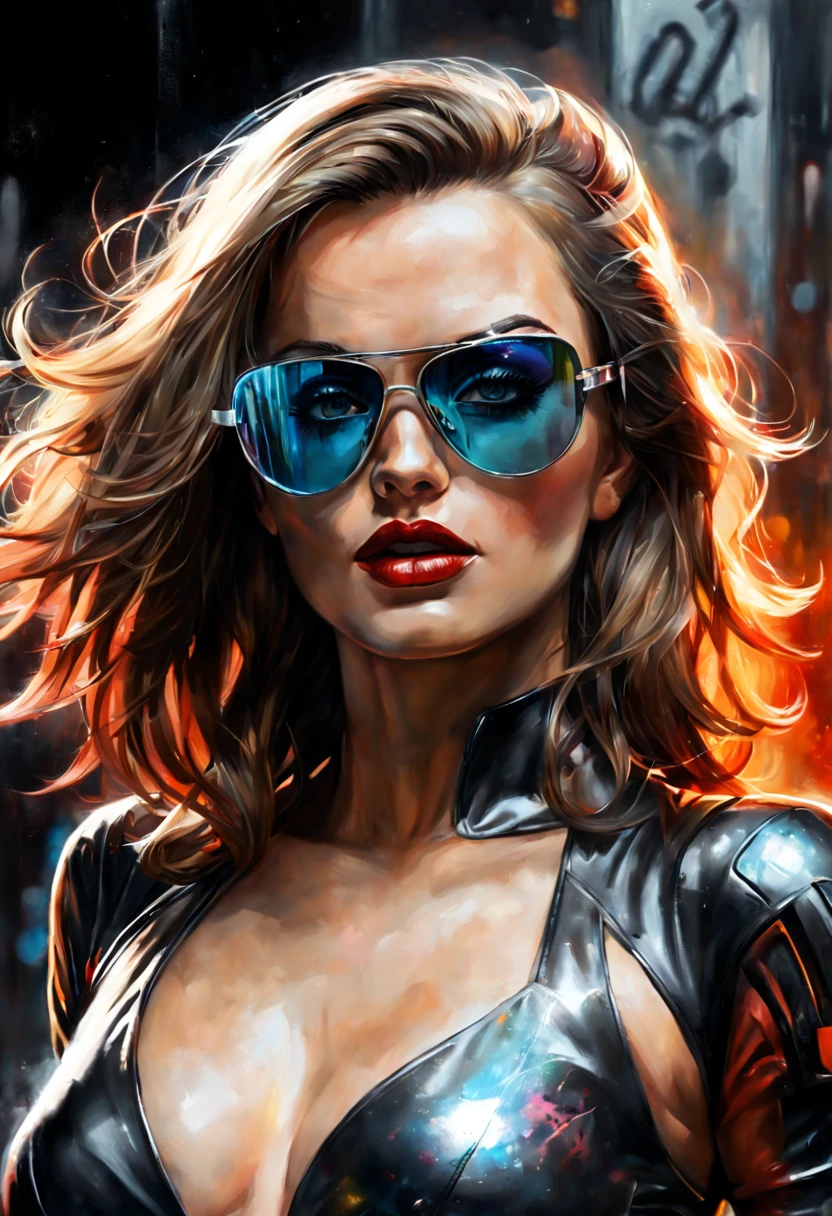 artwork with futuristic femme fatale in smooth reflective glass glasses centered, approaching perfection, dynamic, detailed, art station, concept art, smooth, sharp focus, illustration, graffiti airbrushing technique, high definition, with bright paint colors,    watercolor, black background,
Style by Gabriele Dell'otto, AI Midjourney, bright saturated colors, watercolor, oil paints,   HDR, 500px, 4k,