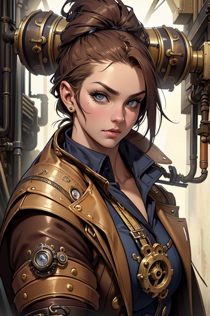 Arte desenho Realista em cores estilo Alex Horley, Soldado mulher bodybuilder full Steampunk, sensual, cabelo curto, corpo inteiro, marreta Steampunk, forja Steampunk, imagens ultra HD