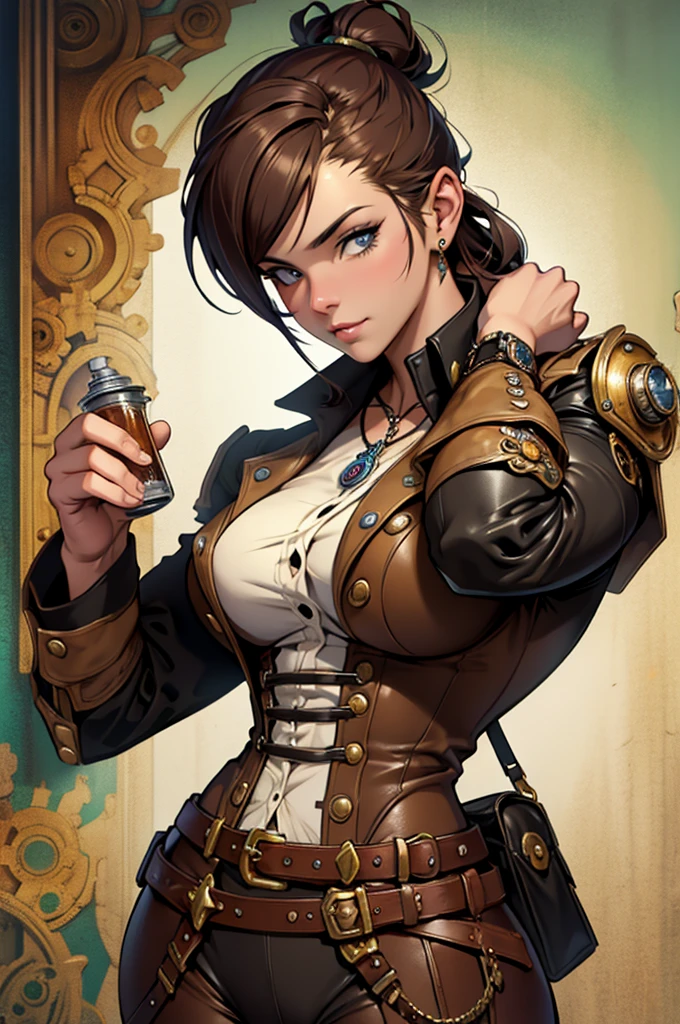 Arte desenho Realista em cores estilo Alex Horley, Soldado mulher bodybuilder full Steampunk, sensual, cabelo curto, corpo inteiro, marreta Steampunk, forja Steampunk, imagens ultra HD