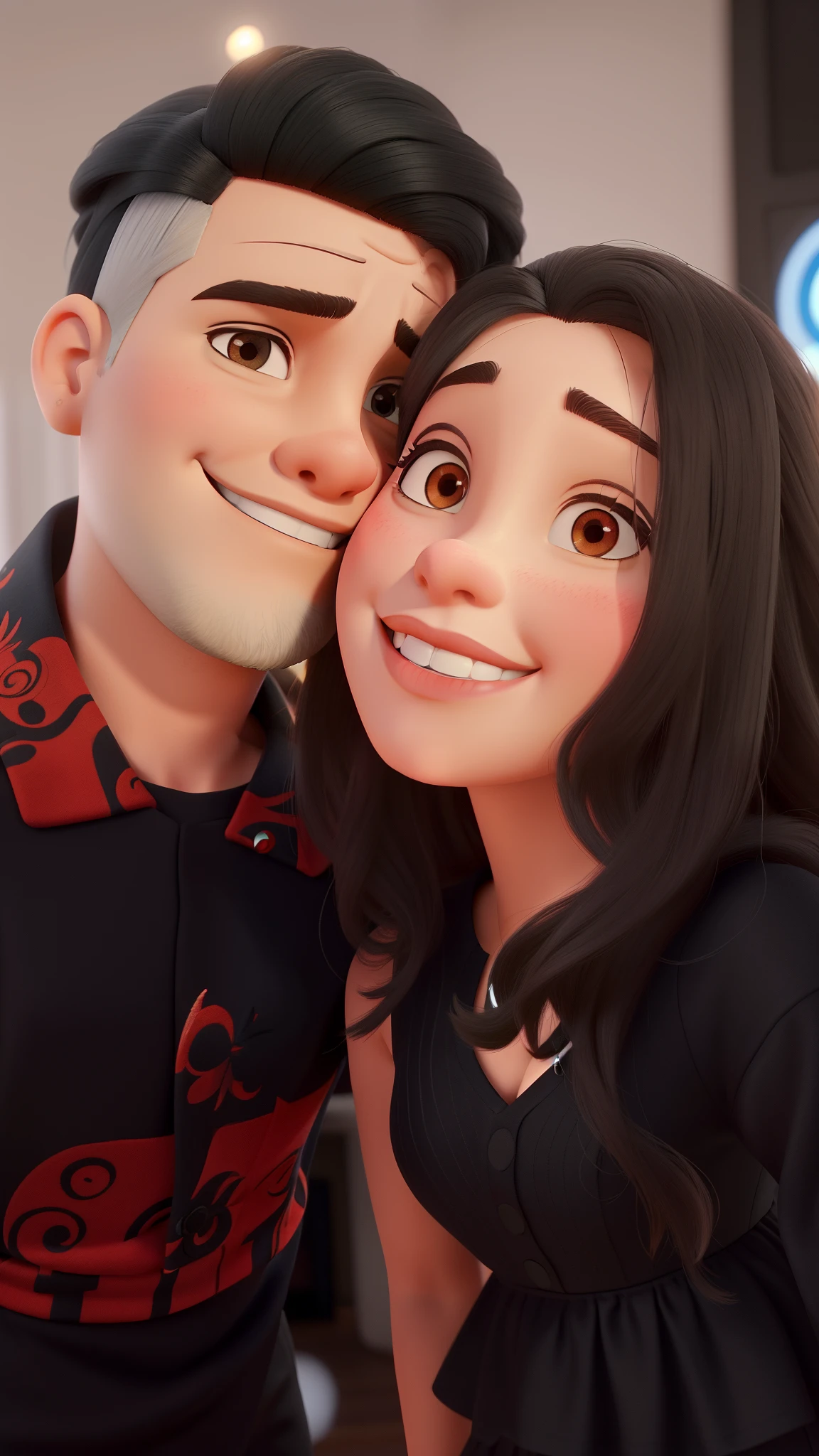 Casal jovem moderno sendo um homem branco com cabelo sidecut com com detalhes navalhados penteado para o lado e raspado na lateral, corrente prata e uma garota com longos cabelos pretos sorriso bonito, wide and detailed with reddish lips and thin chin, cabelos ondulados, garota de pele parda, pose tirando uma selfie, imagem de perfil, foto da roupa, foto do perfil, pose de casal, Black clothes with red goat details and Black dress, posing together taken in the early 2020s, namorada bonita tudo no estilo Disney Pixar. Piercings transversais na orelha.