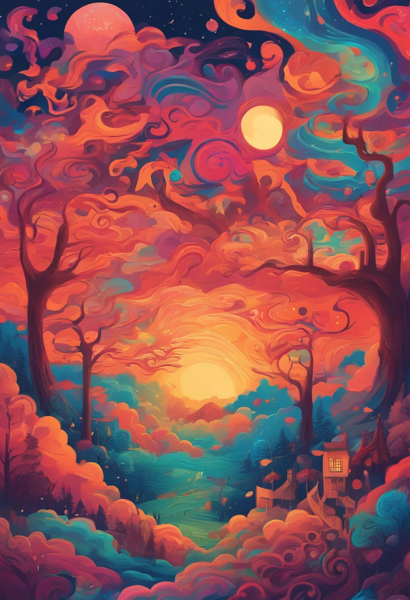 Clouds and trees々A starry sky with a warm moon with a reddish-brown cat as the main character