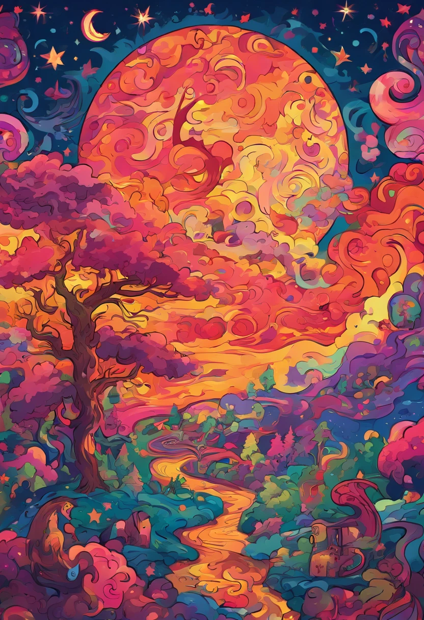 Clouds and trees々A starry sky with a warm moon with a reddish-brown cat as the main character