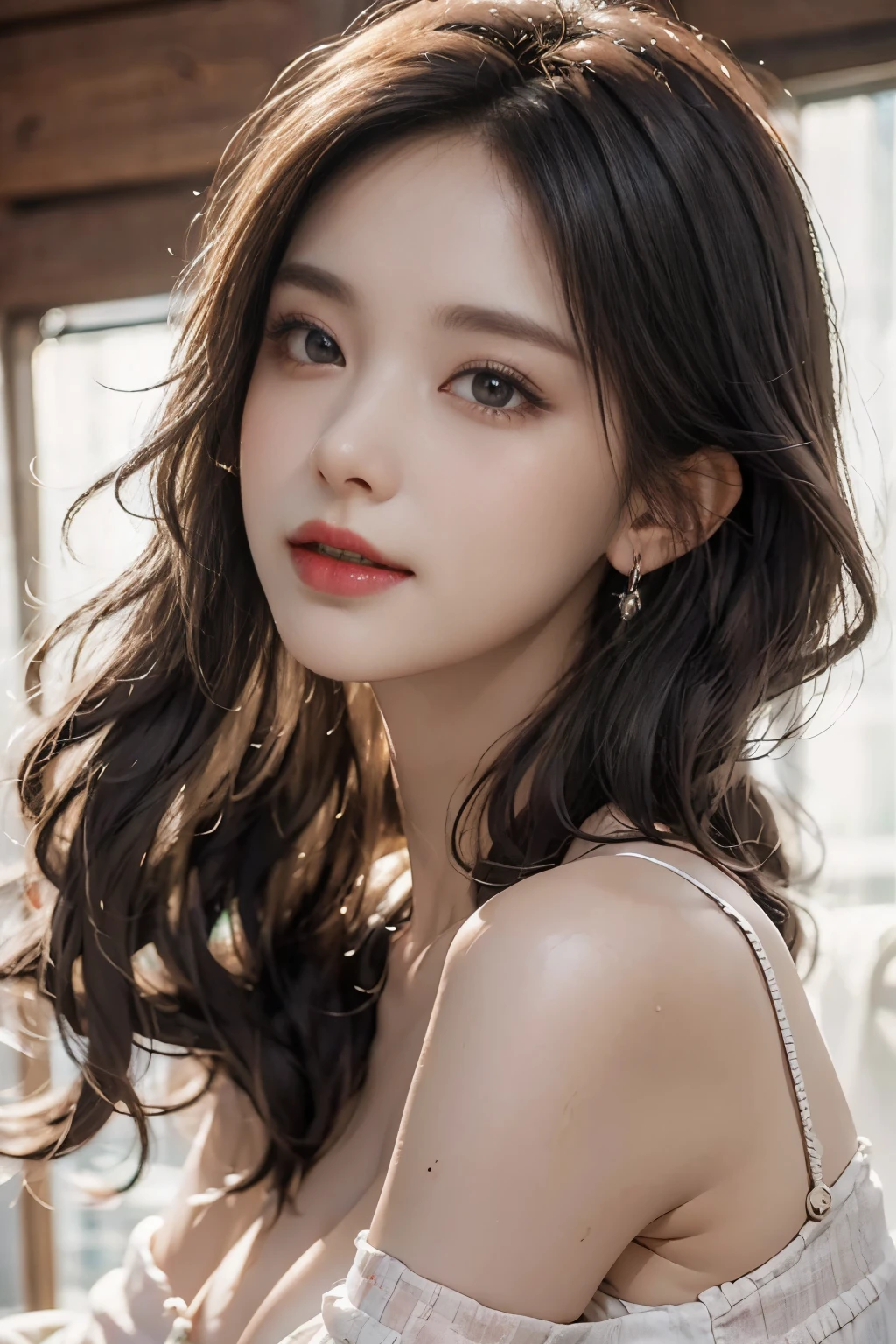 Top quality work,Photorealistic works,Ultra Premium Graphics,8K HD CG works,High-quality graphics,High-definition fine CG works,10x pixel,Ultra-fine details:1.1,Advanced technical details:1.1Photographically realistic, A high resolution ,Transparent hair,High Detail Hair(Premium Hair Detail:1.1)Clear eyes,Good looking double eyelids,Sharp eye makeup, Delicate makeup for eyelashes, Thin eyebrows, ultradetailed eyes,High Nose, lovely red lips, Rose cheeks, Face with delicate makeup , Pretty Face, A perfectly proportioned face,(Advanced facial details:1.1), Women's Artwork,full-body view,Goddess of Dress,,amazing,Today's eyes are bright ((masterpiece、top-quality、high-detail))、1人、(Photorealsitic:1.4)、独奏、closes mouth、Happy smile、Smile happily、pretty black hair、Shorthair、big eye、Distinct double eyelids、Lashes、Put your ears out、long neck、Absolute area、skirt by the、((Face Close-up))、(Cap、Draw all the shoulders)、age19、Attractive proportions、glowy skin、Clean collarbone、The face of the golden ratio、face perfect、Tear mole、Mole on the chest、bangss、Clean bangs、lipgloss、thin lipss、White-colored skin、barechested、large full breasts