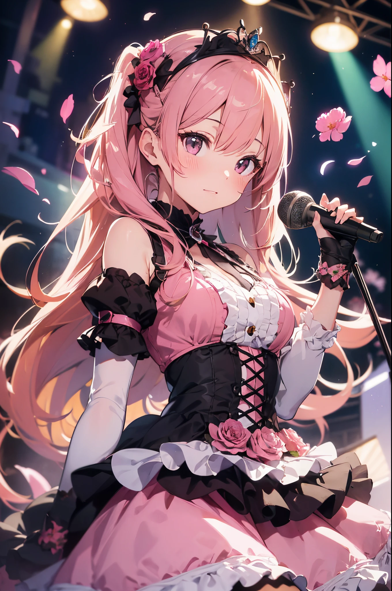 (Best Picture Quality, 4K, High Quality, Masterpiece:1.2), ((Masterpiece)), High Detail, High Quality, (HDR,16k, RAW Beautiful Girl Portrait, Best Picture Quality, Masterpiece:1.2), (Ultra-Definition Illustration), nsfw, idolmaster, idol costume, on the live concert stage, , spotlight,Create an image of an elegant anime idol with short pink pig tail hair and bangs that cover her face.。Make your eyes a lovely rose pink, extremely cute, sleeveless, detached sleeves, (pink gorgeous frilled dress with lots of flower stitches:1.3), do not use black on dress, tiara, pantyhose,