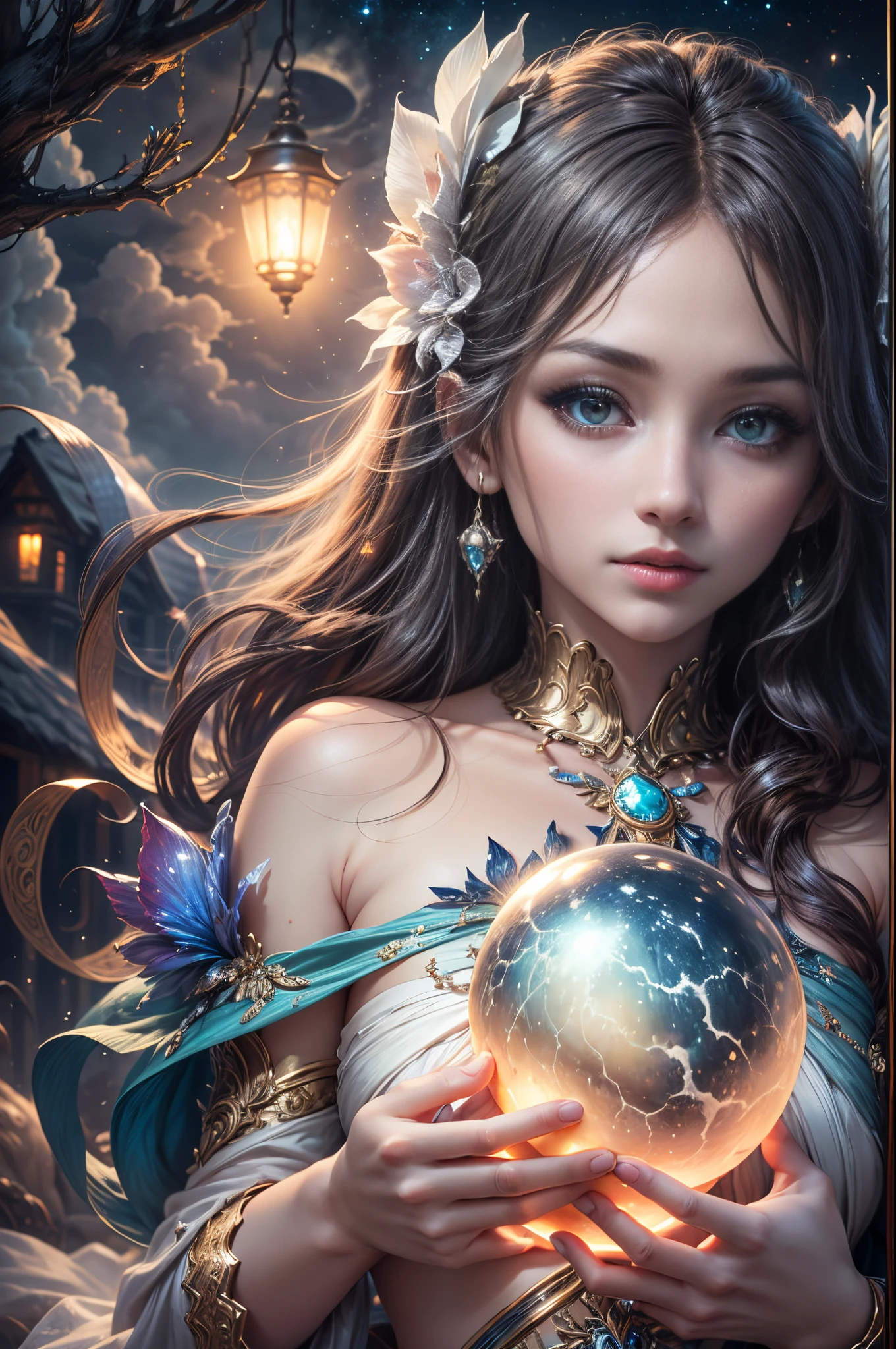 "((Enchanting girl)) adorned in ((shimmering)) attire, holding a luminescent shell, surrounded by ((otherworldly)) alien creatures, bathed in the ethereal glow of moonlight, with clouds forming a celestial backdrop. Detailed, dreamlike, fantasy, moonlit scene."
