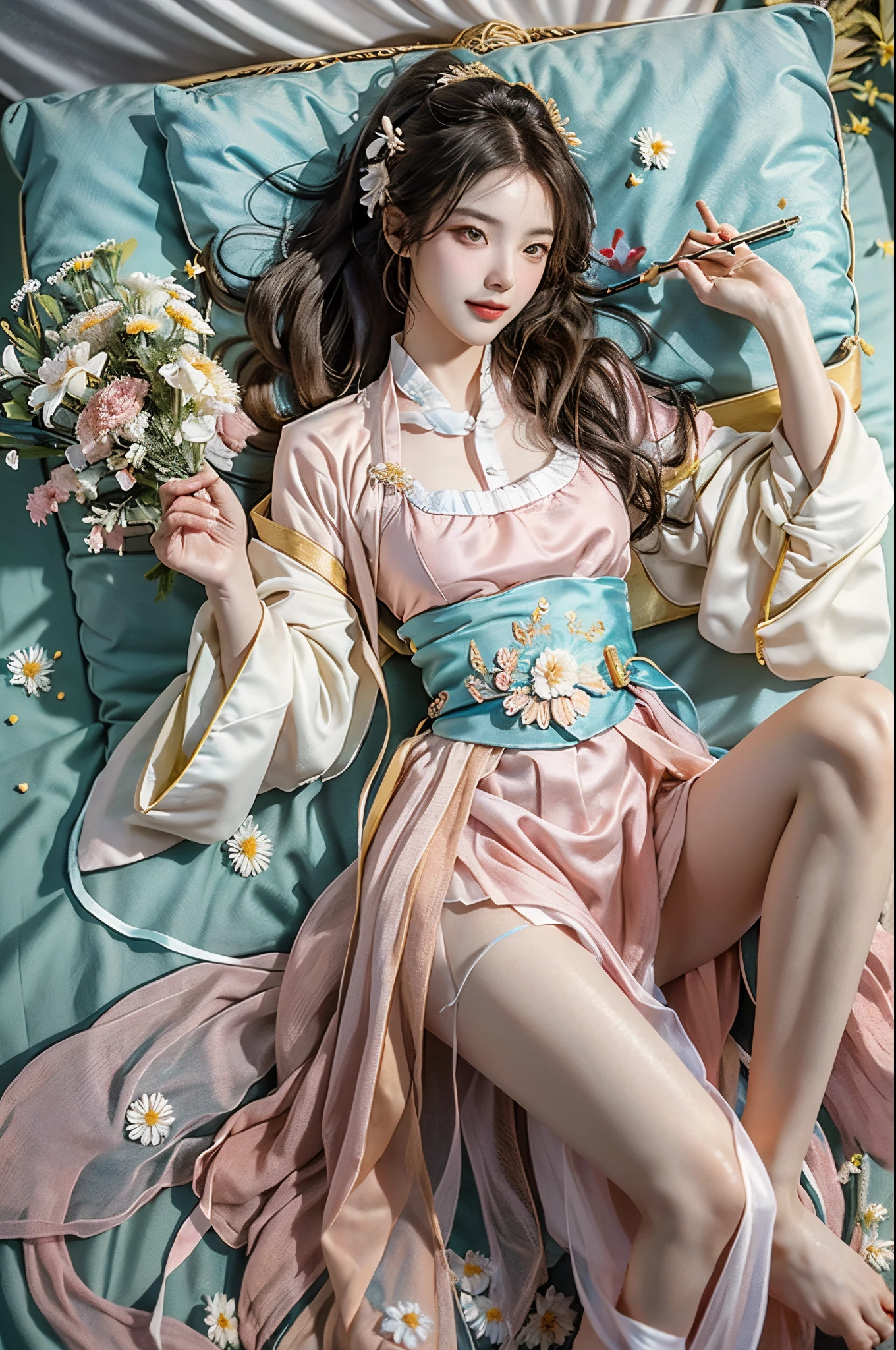 ((full body)), RAW photogr，18 year old sexy model, Cute young girl, messy  hair，Smiled shyly, curlies, golden hair, (Hanfu), (white colors, in pink, amarelo, cyan colors), ((White flower hanfu, draped in silk, DEEP-V COLLAR, high-waist, nice belt)), (white colors, Light yellow), on top of the bed, posed for photo, Nice, Full, Lift the skirt, slender leg, posing elegantly, posed for photo, Surprising detail，The is very detailed, Smooth skin, a warm color palette, best qualtiy, The is very detailed, the detail, (actual:1.7),((Best quality at best)),absurd res,(超高分辨率),(realisticlying:1.6),realisticlying,octaneratingrendering,(Hyper-realistic:1.2), (photorealiscic face:1.2), (8K), (4K), (tmasterpiece),(realistic skin textures)