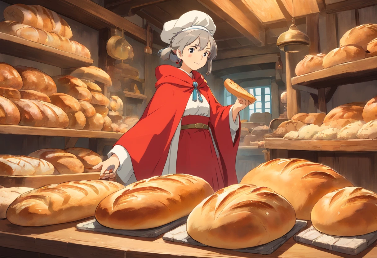 king of bread making、diadems、red cloak、luxurious clothes、Knead bread、work hard、Retro interior