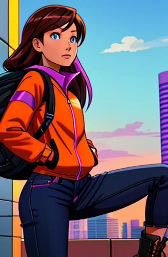 20 year old Asian girl, pretty face, long brown hair with pink streak, beautiful blue eyes, worried face, wearing an orange jacket with some details, black gloves, black backpack, purple jeans, cyan shirt, Combat boots, Parkour in a city, cartoon style