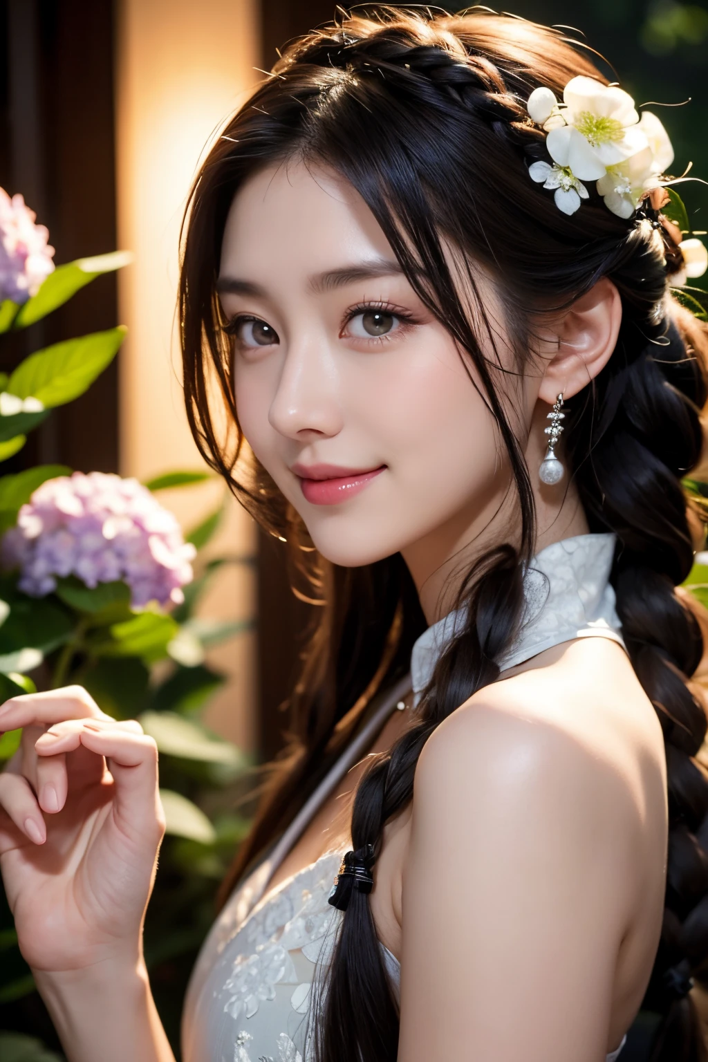 masutepiece, best, Night, fullmoon, 1 female, Mature Woman, Chinese style, Ancient China, Older sister, Royal sister, Smile, dark brown hair, Dark hair, Princess Cut, braid, Curly hair, Double ball head, pale pink lips, Calm, Intellectual, Medium Hair, green pupils, Hairpin, hydrangeas, Delicate face, Face Close-up, Hand close-up