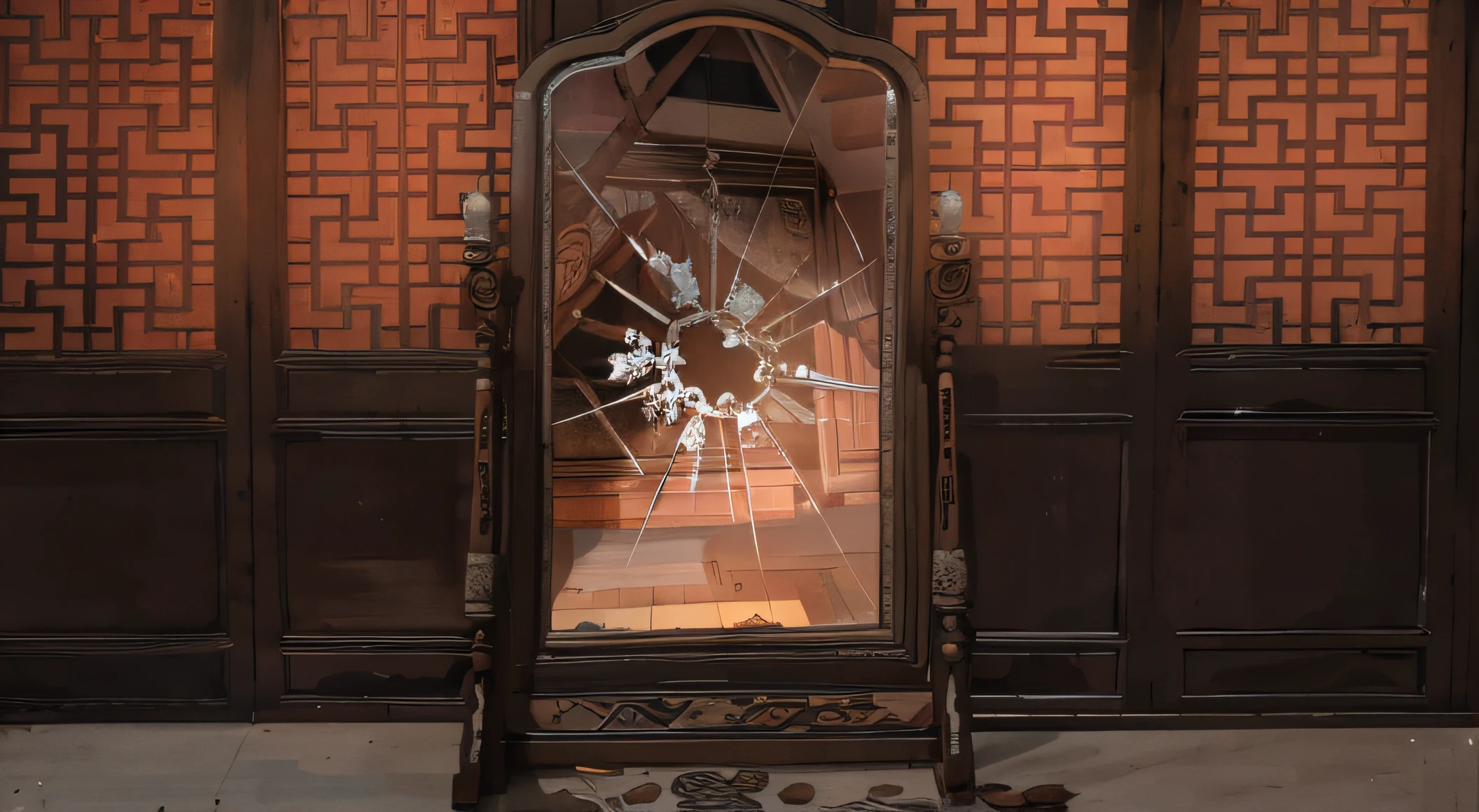 There is a broken mirror in the middle of the room, an ancient Chinese interior，ultra - detailed，Light and shadow tracking