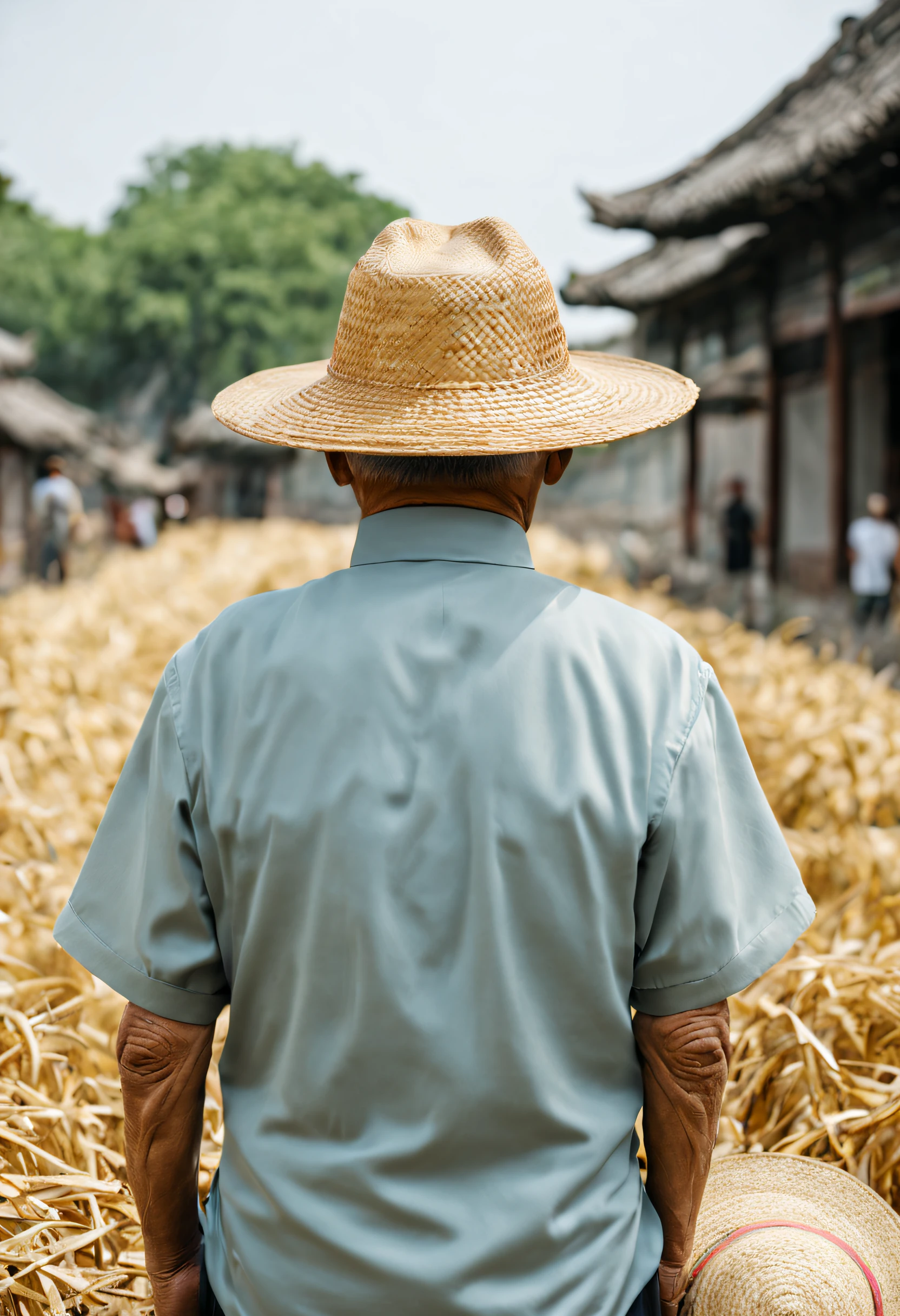 Back view photo of elderly Chinese man wearing straw hat