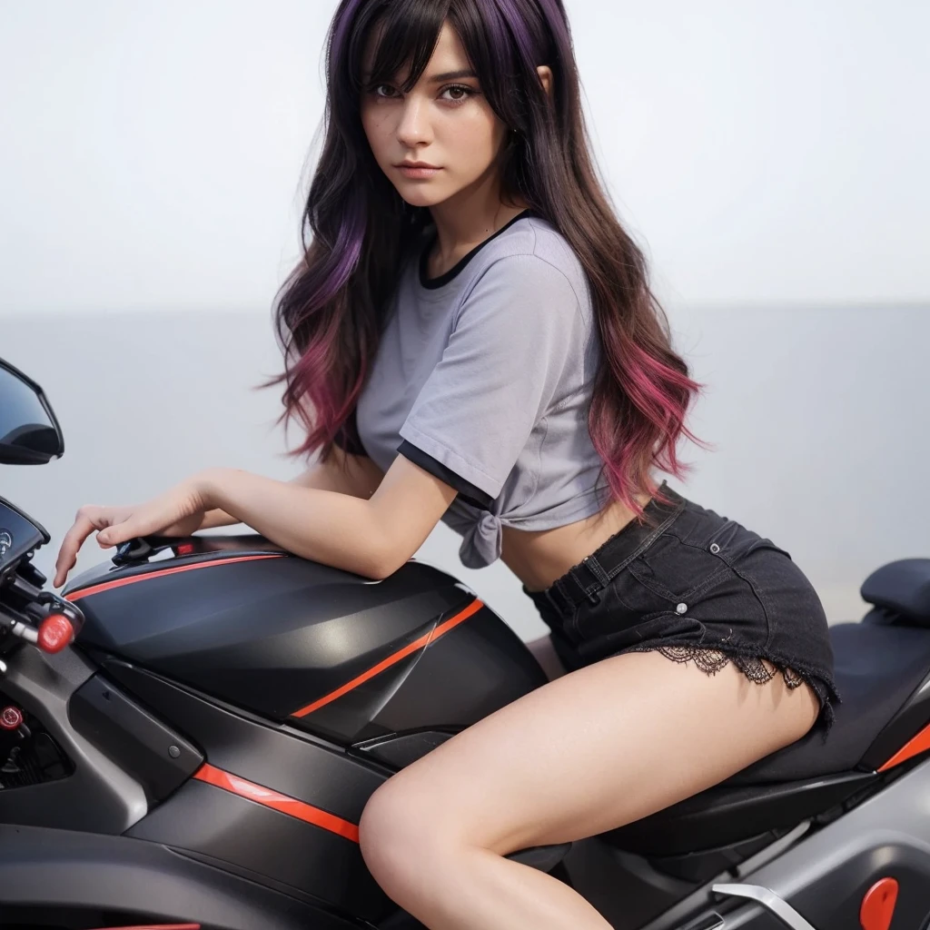(best quality,Realistic:1.2),ultra-detalhado, com cabelo roxo,camisa roxa,vivid colors,fotorrealista,cabelo preto com pontas roxas,fierce expression,Olhos azuis claros