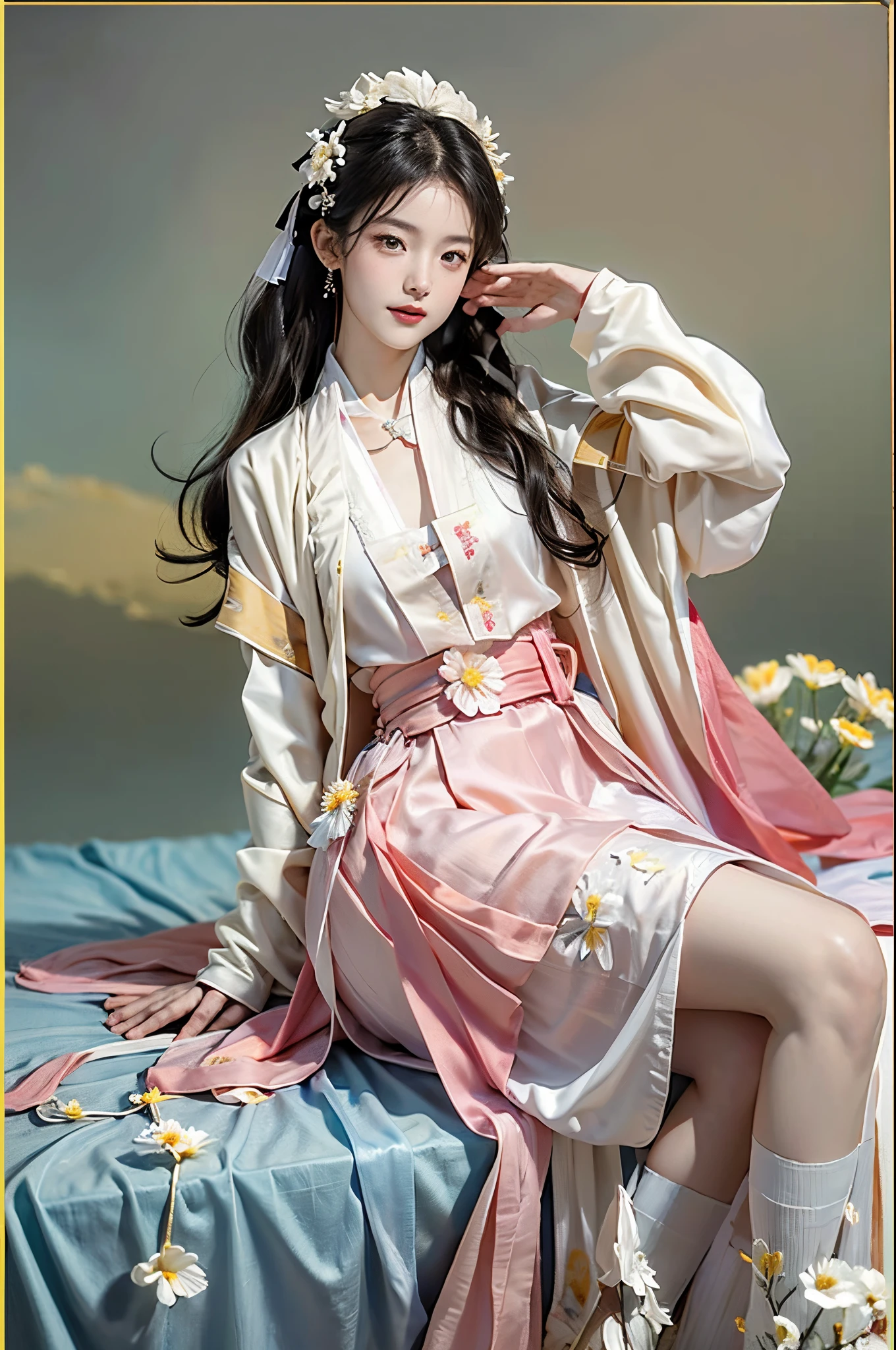 ((full body)), RAW photogr，18 year old sexy model, Cute young girl, messy  hair，Smiled shyly, curlies, golden hair, (Hanfu), (white colors, in pink, amarelo, cyan colors), ((White flower hanfu, draped in silk, DEEP-V COLLAR, high-waist, nice belt)), (white colors, Light yellow), on top of the bed, posed for photo, Nice, Full, Lift the skirt, slender leg, posing elegantly, posed for photo, Surprising detail，The is very detailed, Smooth skin, a warm color palette, best qualtiy, The is very detailed, the detail, (actual:1.7),((Best quality at best)),absurd res,(超高分辨率),(realisticlying:1.6),realisticlying,octaneratingrendering,(Hyper-realistic:1.2), (photorealiscic face:1.2), (8K), (4K), (tmasterpiece),(realistic skin textures)