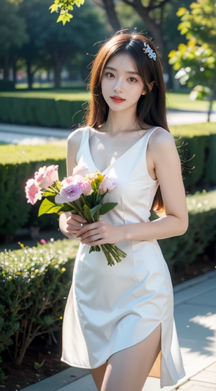A young woman, donned in an intricately designed costume featuring plush materials, meanders through a serene park setting. She carries a radiant flower in her hand, showcasing a harmonious blend of aesthetic elegance and botanical allure.