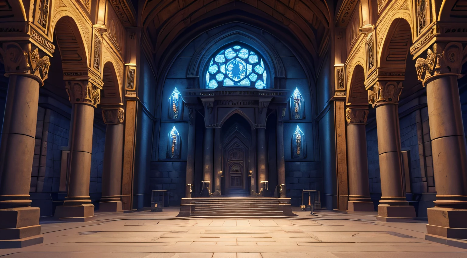 dwarven throne room,(best quality,4k,8k,highres,masterpiece:1.2),ultra-detailed,royal palace,medieval fantasy,fantasy dwarf architecture,stone carvings,detailed ceiling paintings,elaborate tapestries,imposing stone pillars,ancient stone walls,dim candlelight,blueish color tones,dramatic lighting