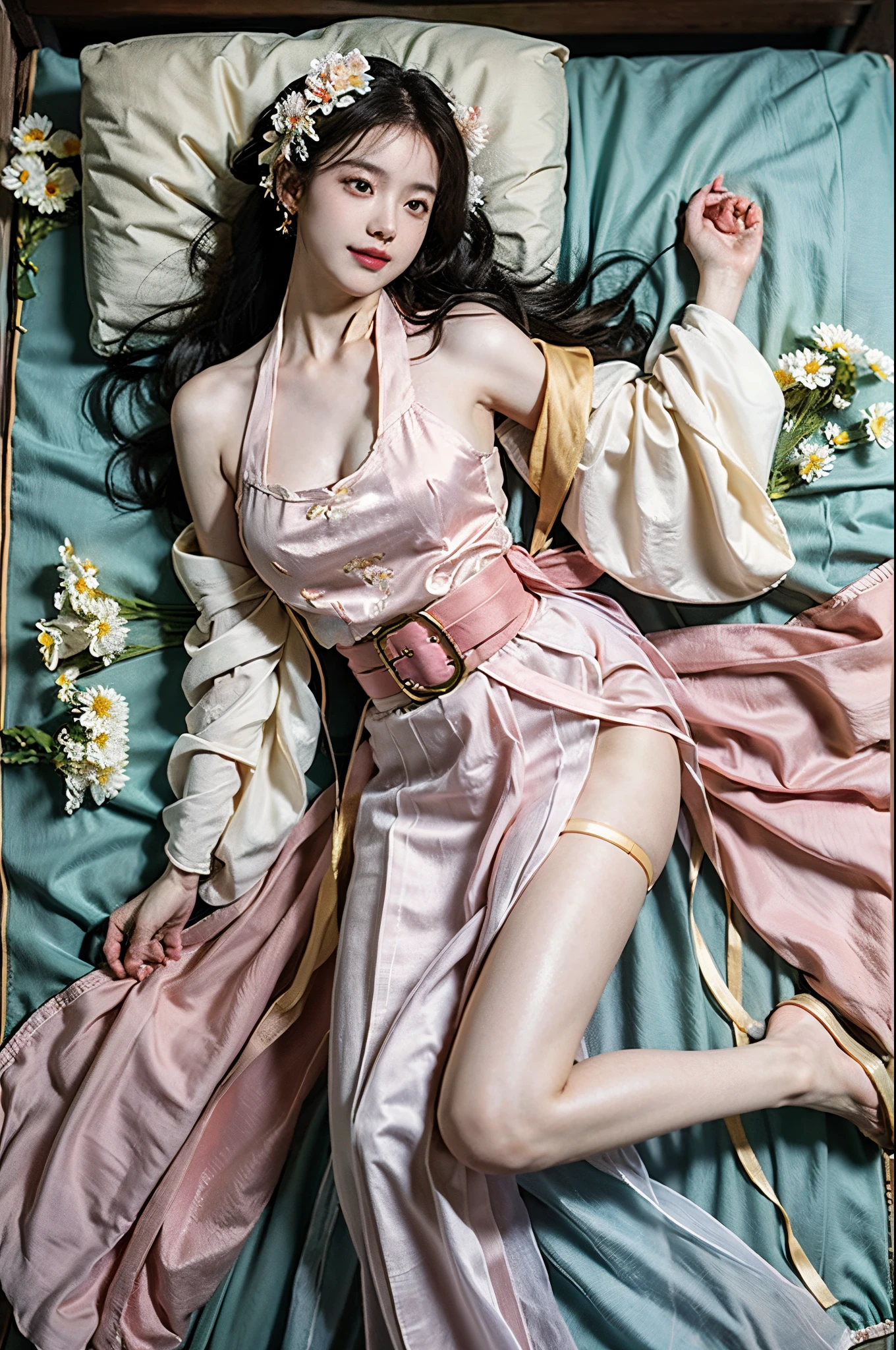 ((full body)), RAW photogr,18 year old sexy model, Cute young girl, messy hair,Smiled shyly, curlies, golden hair, (Hanfu), (white colors, in pink, amarelo, cyan colors), ((White flower hanfu, draped in silk, DEEP-V COLLAR, high-waist, nice belt)), (white colors, Light yellow), on top of the bed, posed for photo, Nice, Full, Lift the skirt, slender leg, posing elegantly, posed for photo, Surprising detail,The is very detailed, Smooth skin, a warm color palette, best qualtiy, The is very detailed, the detail, (actual:1.7),((Best quality at best)),absurd res,(超高分辨率),(realisticlying:1.6),realisticlying,octaneratingrendering,(Hyper-realistic:1.2), (photorealiscic face:1.2), (8K), (4K), (tmasterpiece),(realistic skin textures)