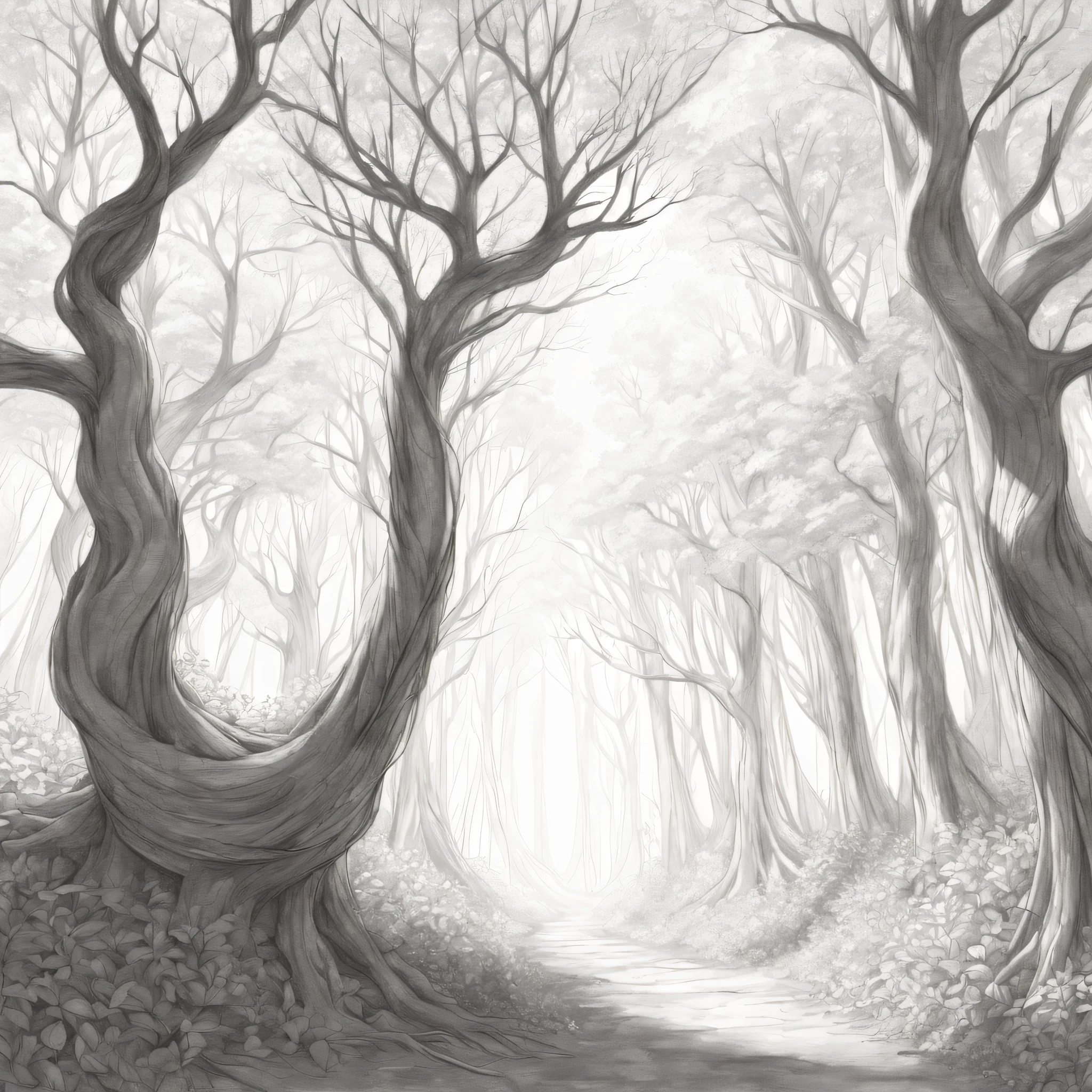 (best quality,4k,8k,highres,masterpiece:1.2),(ultra - detailed)，(realisticlying：1.37).illustratio，(pencil drawing)，at winter season，black andwhite,(ln the forest)，(line art)，organic lines，(crooked branches)，hidden path，(Twisted vines)，(Intertwined tree trunks)，Ethereal atmosphere，game of light and shadow，Subtle gradients、Gradient shadows、Mottled sunlight、tree crown、forest floor、(bark texture)、branch details、(Fine lines)、(stroke technique)、(Sketch-like texture)。Abstract, (Simple vector art), (Hierarchical form).