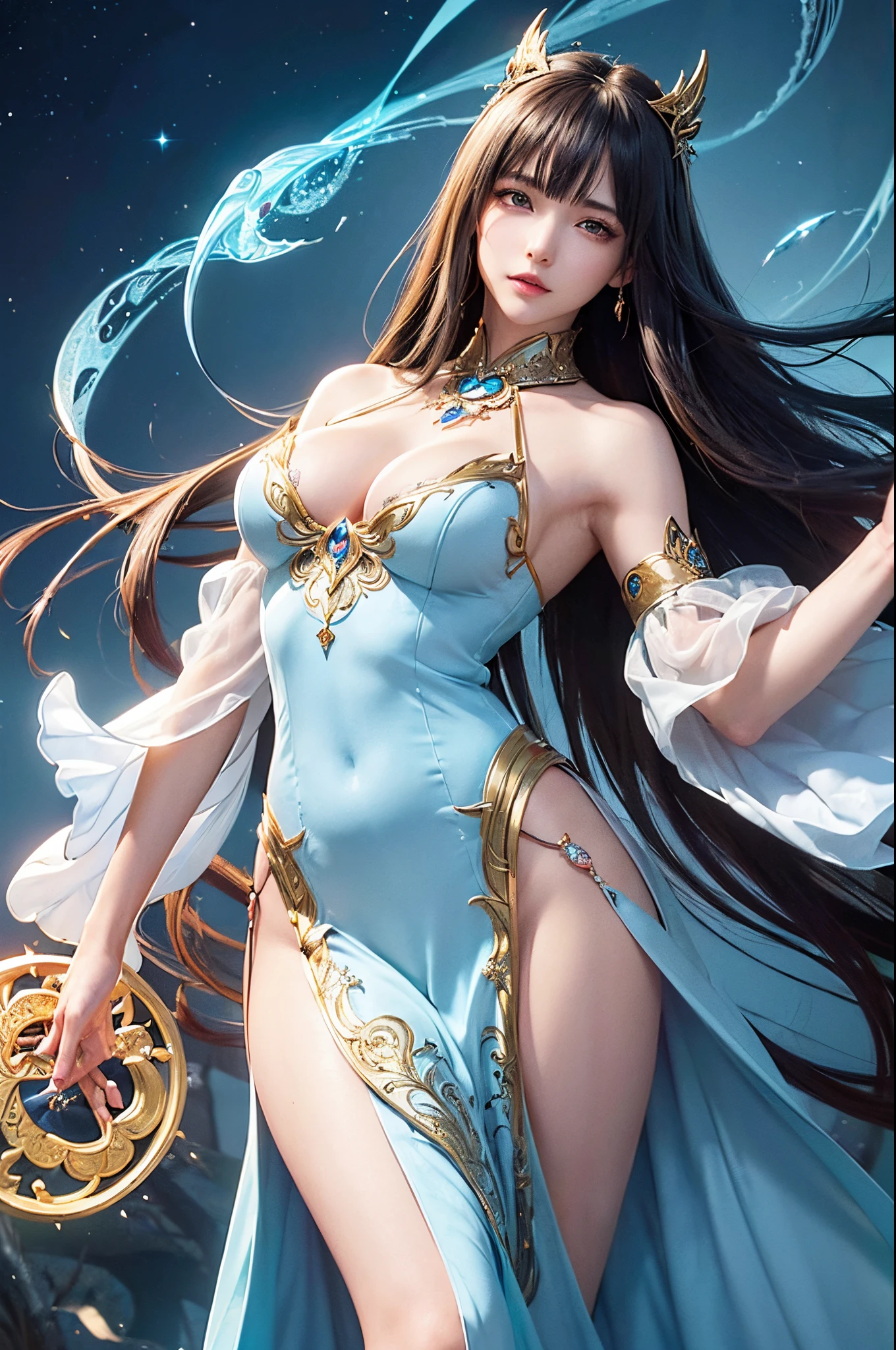 (((anime-style art))), (fantasy-themed),((((extremely detailed)))),((sharpen image)), (((high resolution))), masterpiece,((female summoner)), (in her (30s)). busty figure, beautiful eyes, beautiful face, beautiful expressions, long hairs, ((a flowing gown made of a shimmering, silk-like material that seems to dance with its own magic)),((The gown could be adorned with delicate embroidery featuring arcane symbols, capturing the essence of her summoning prowess)),((A regal, high collar with intricate patterns could add an extra touch of sophistication. )),(( envision a sheer, iridescent cape that trails behind her, almost like a cascade of magical energy.)),((elegant, embellished gloves that enhance her ability to channel mystical forces)) (((three-quarter shot)))