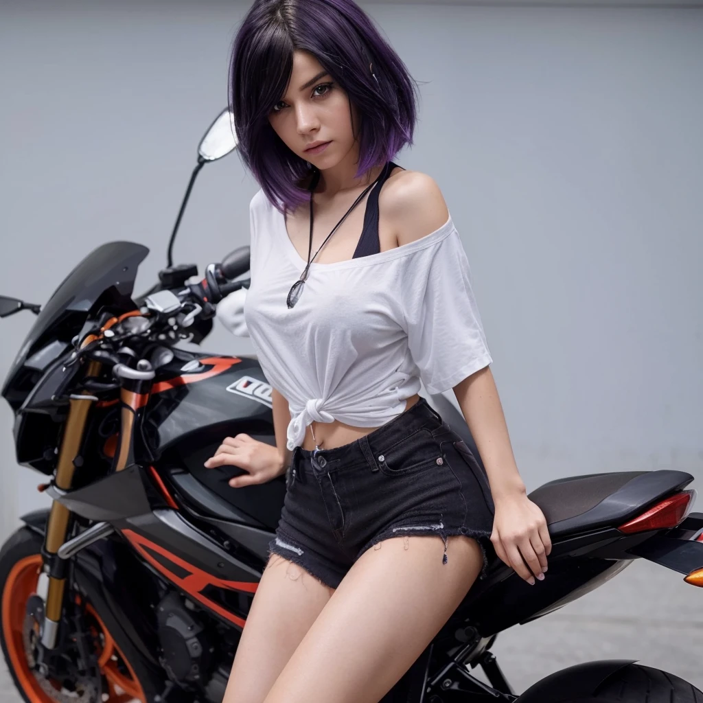 (best quality,Realistic:1.2), ultra-detalhado, Menina, vivid colors, fotorrealista, cabelo preto com pontas vermelhas, serious expression with expressive look
, Olhos azuis claros
