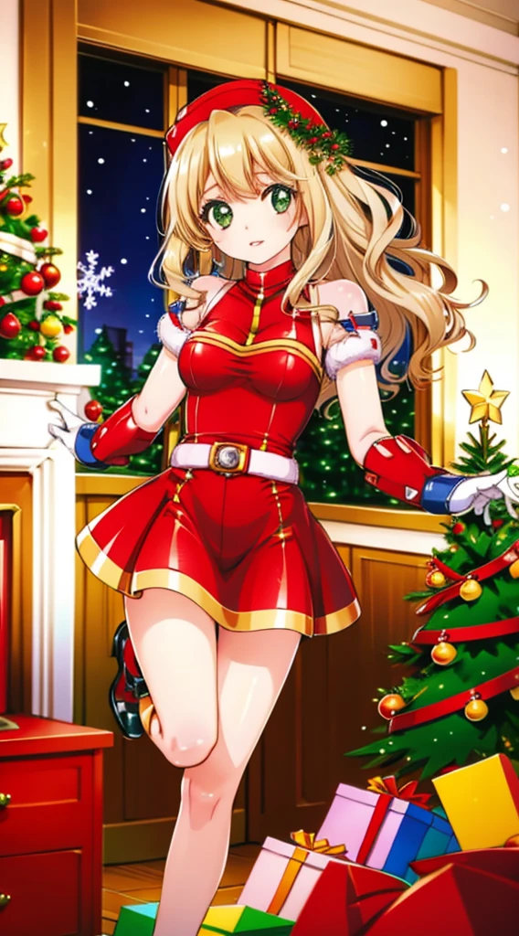 masterpiece, best quality, 1 solo girl, rosie brown hair, green eyes, long hair, wavy hair, Christmas ornaments, medium breasts, mature body and face, red christmas dress, christmas, christmas light, christmas tree, red gloves, red santa skirt, holding gift, red bra, red panty, leg up, cowboy shots, sexy pose, dakimakura, detailed body, face, and eyes, sharp focus, vibrant, creative, dynamic, high definition, high resolution, 8k, (Upscale: R-ESRGAN 4x+ Anime6B), (Image enchance:4x), voluptuous body