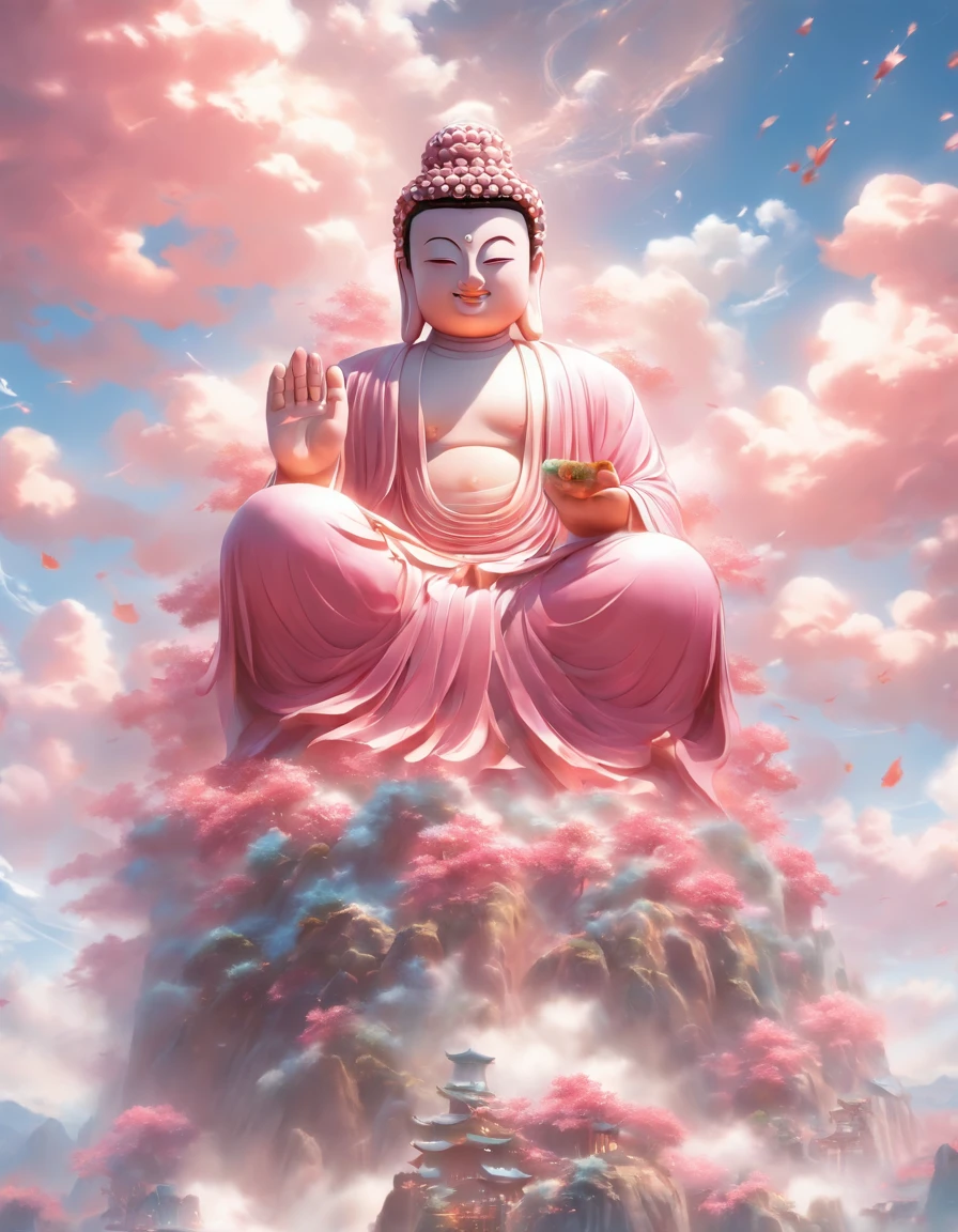 ((On the table))，(Best quality at best))，China-style，In heaven, The clouds form a huge transparent statue、Crystal clear white jade Maitreya Buddha statue，Thick clouds，The sun shines，Pilgrims on the road，hyper realisitc，ultra real photo，Pink，8K，k hd，high high quality，Works of masters，ultradetailed，（（（Overclocked renderer）））