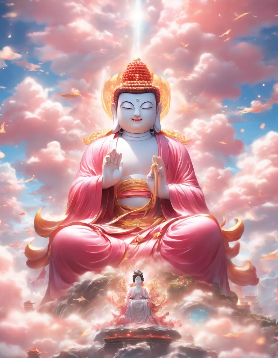 ((On the table)),(Best quality at best)),China-style,In heaven, The clouds form a huge transparent statue、Crystal clear white jade Maitreya Buddha statue,Thick clouds,The sun shines,Pilgrims on the road,hyper realisitc,ultra real photo,Pink,8K,k hd,high high quality,Works of masters,ultradetailed,(((Overclocked renderer)))