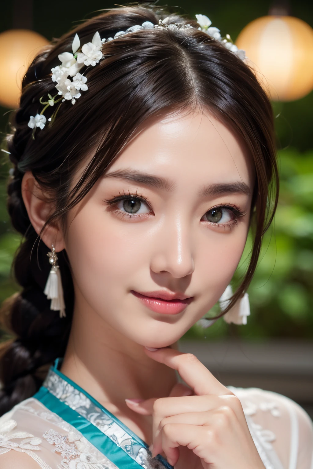 masutepiece, best, Night, fullmoon, 1 female, Mature Woman, Chinese style, Ancient China, Older sister, Royal sister, Smile, dark brown hair, Dark hair, Princess Cut, braid, Curly hair, Double ball head, pale pink lips, Calm, Intellectual, Medium Hair, green pupils, Hairpin, hydrangeas, Delicate face, Face Close-up, Hand close-up