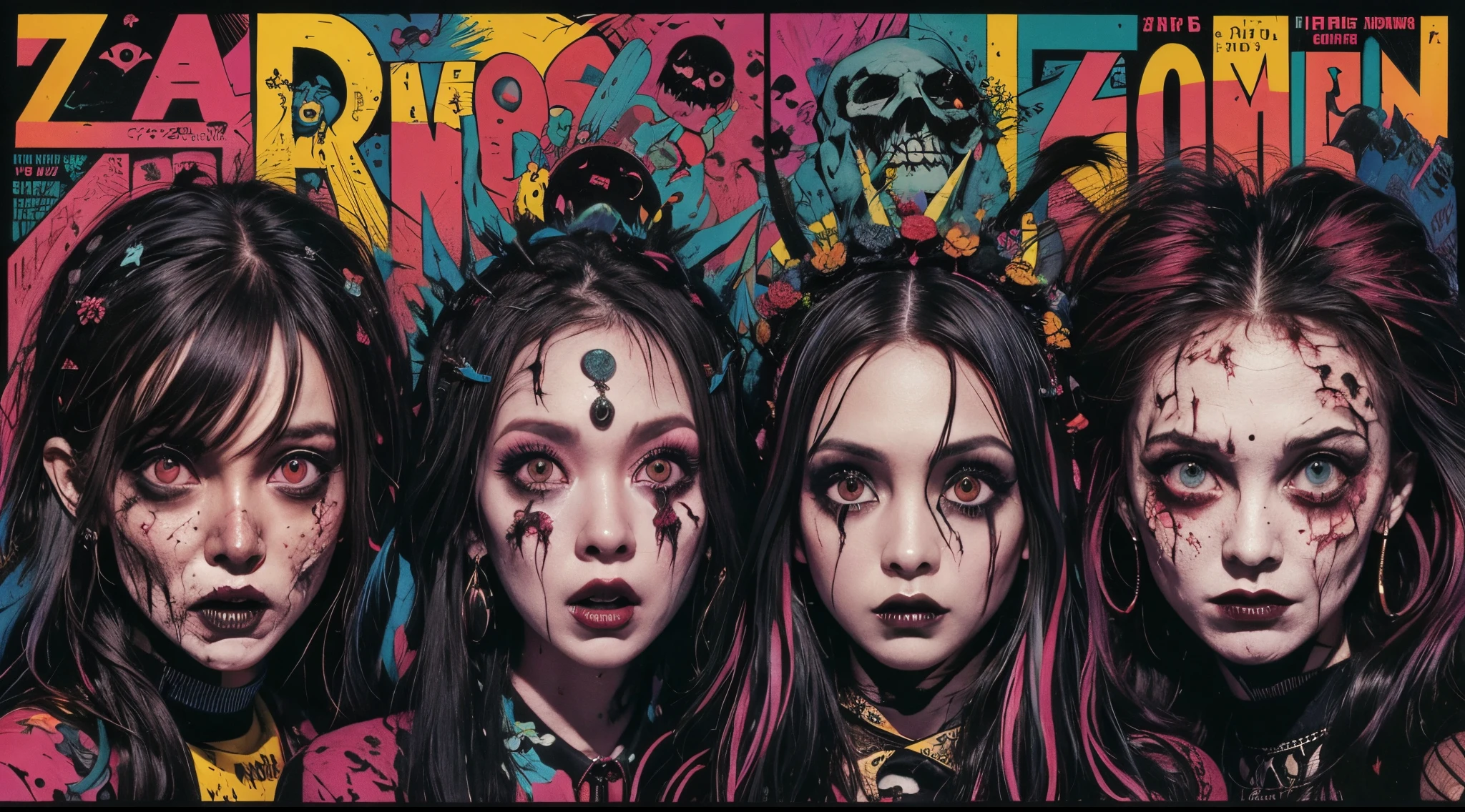 Horde of scary hair zombies from the 1980s, In the style of vibrant album cover art, 80'magnifica, glam death, uhd image, Exuberant