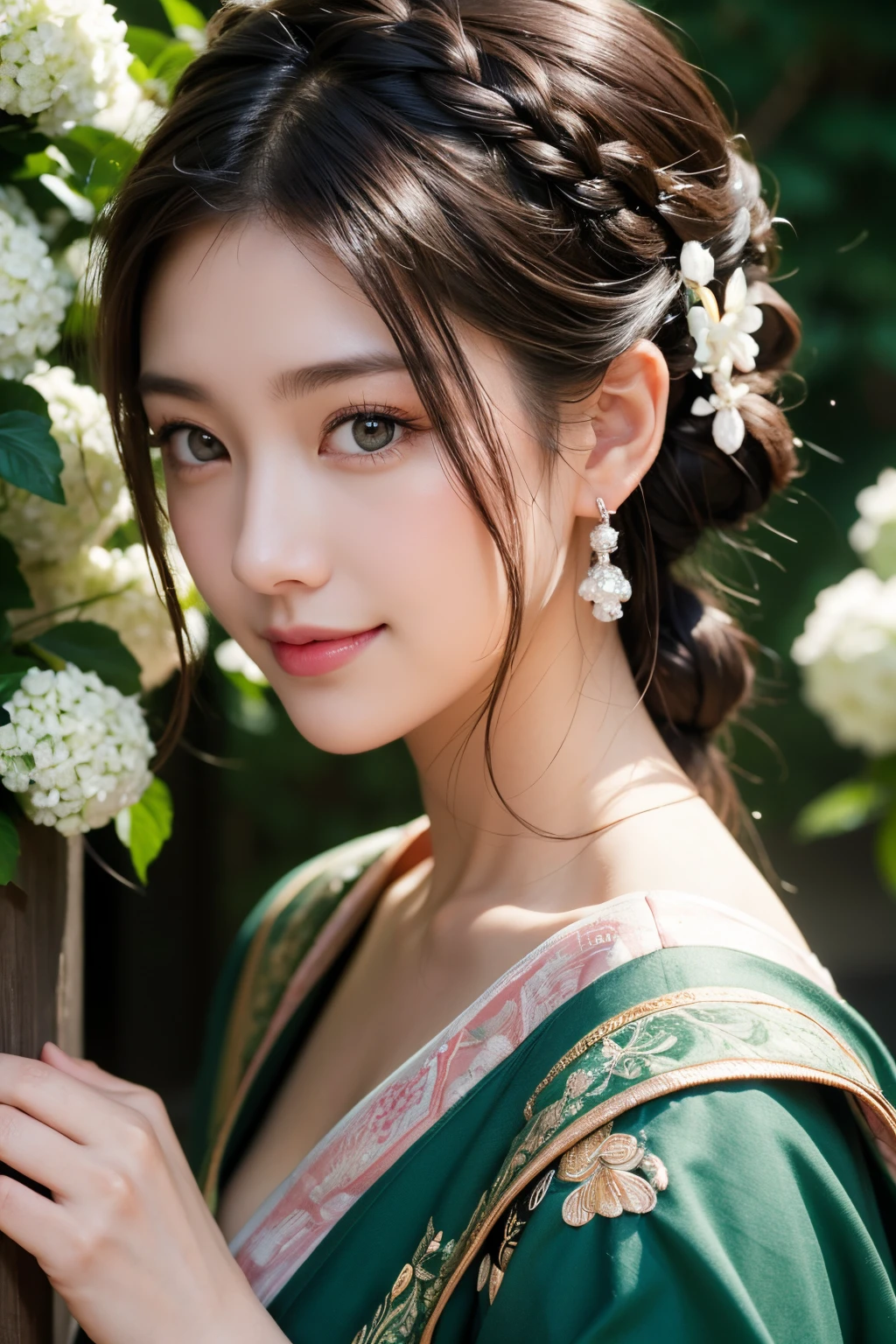 masutepiece, best, Night, fullmoon, 1 female, Mature Woman, Chinese style, Ancient China, Older sister, Royal sister, Smile, dark brown hair, Dark hair, Princess Cut, braid, Curly hair, Double ball head, pale pink lips, Calm, Intellectual, Medium Hair, green pupils, Hairpin, hydrangeas, Delicate face, Face Close-up, Hand close-up