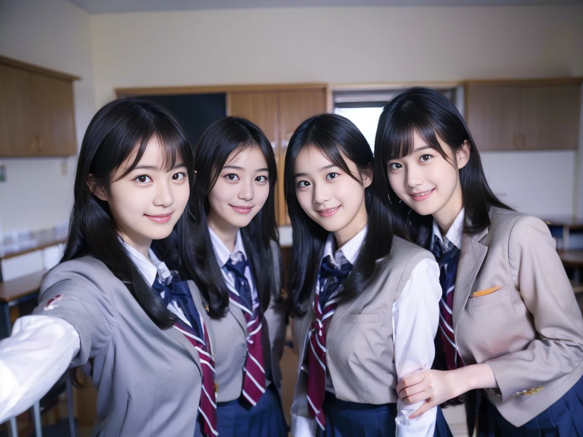 Same face, matching school uniform、10 cute 18 year old girls with long black hair and big breasts、a smile、selfee,‎Classroom